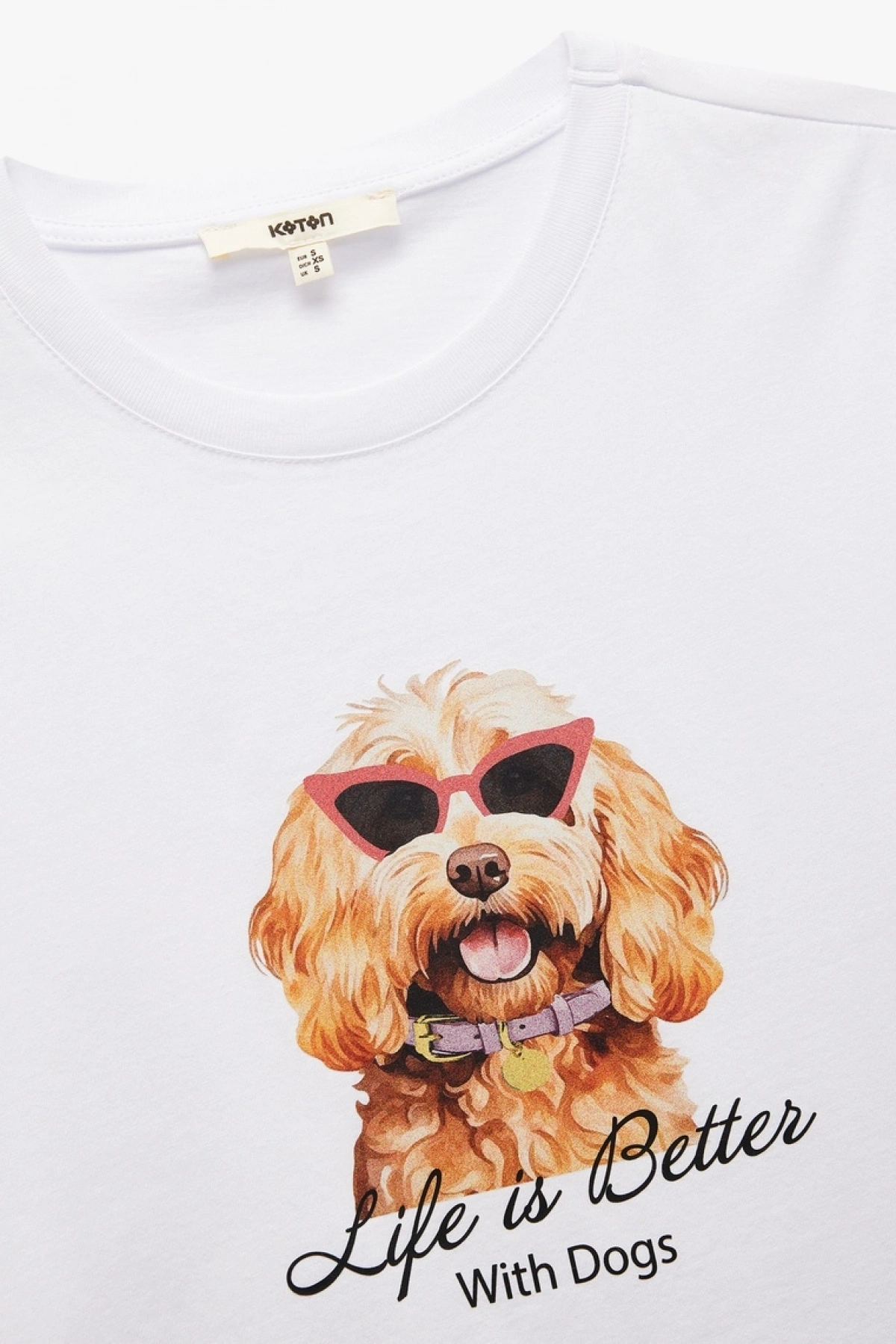 Koton Pamuklu Köpek Baskılı Beyaz Kadın T-Shirt