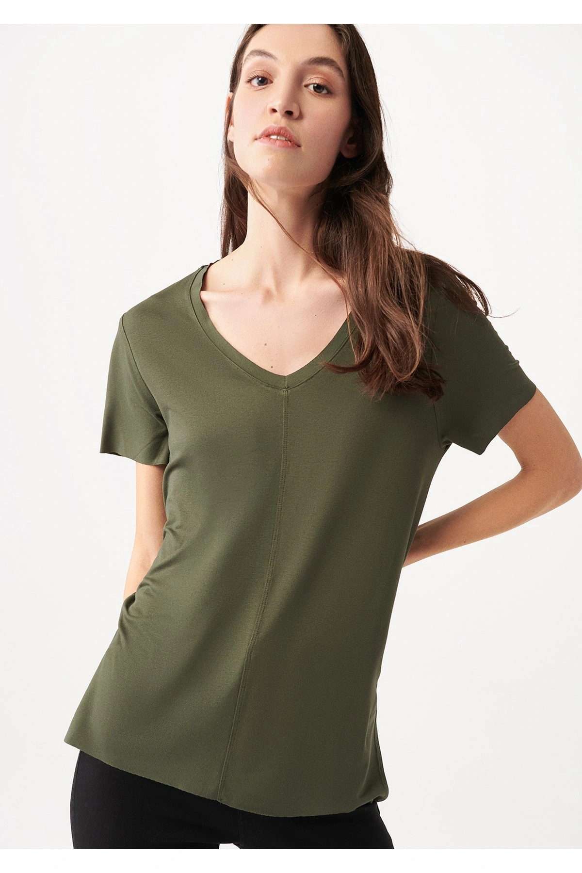 V Yaka Haki Basic Tişört Loose Fit / Bol Rahat Kesim