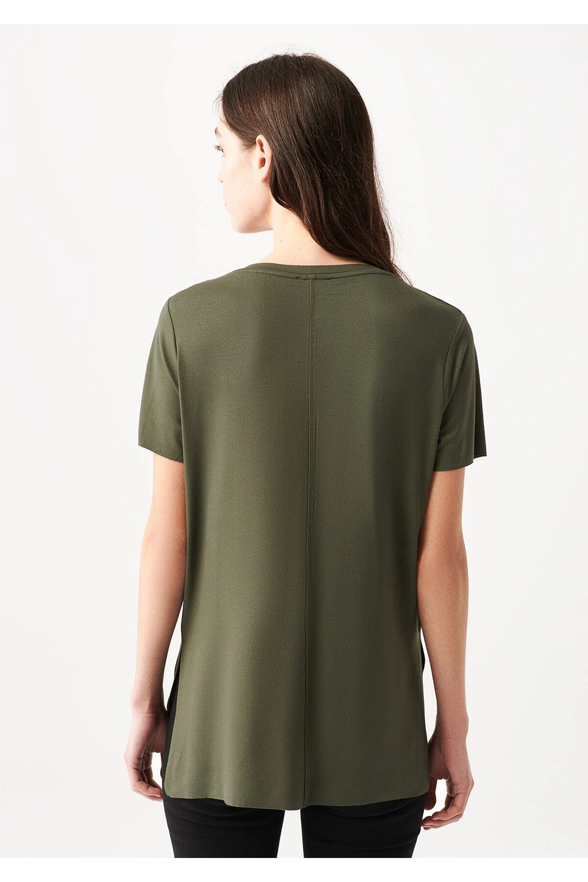 V Yaka Haki Basic Tişört Loose Fit / Bol Rahat Kesim