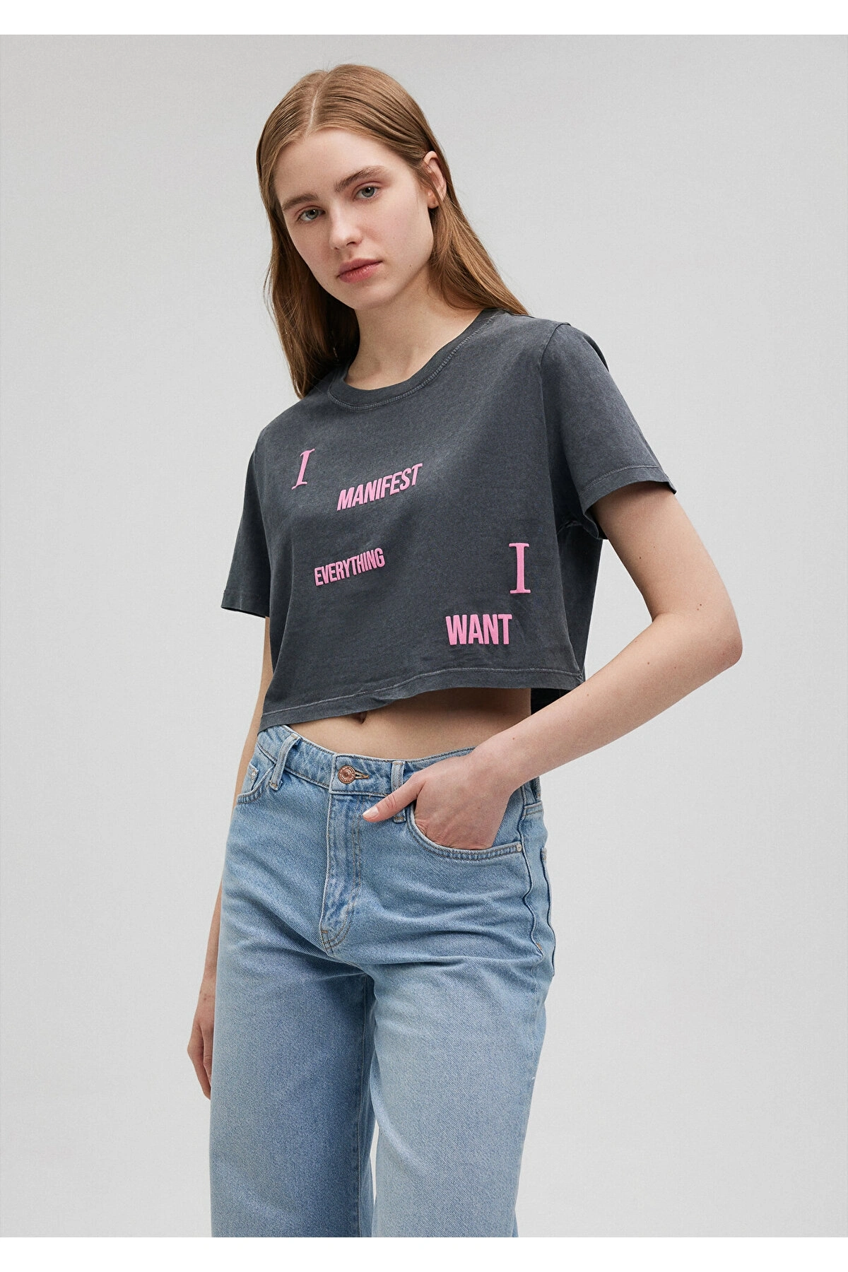 Mavi Baskılı Gri Crop Tişört Crop / Kısa Kesim