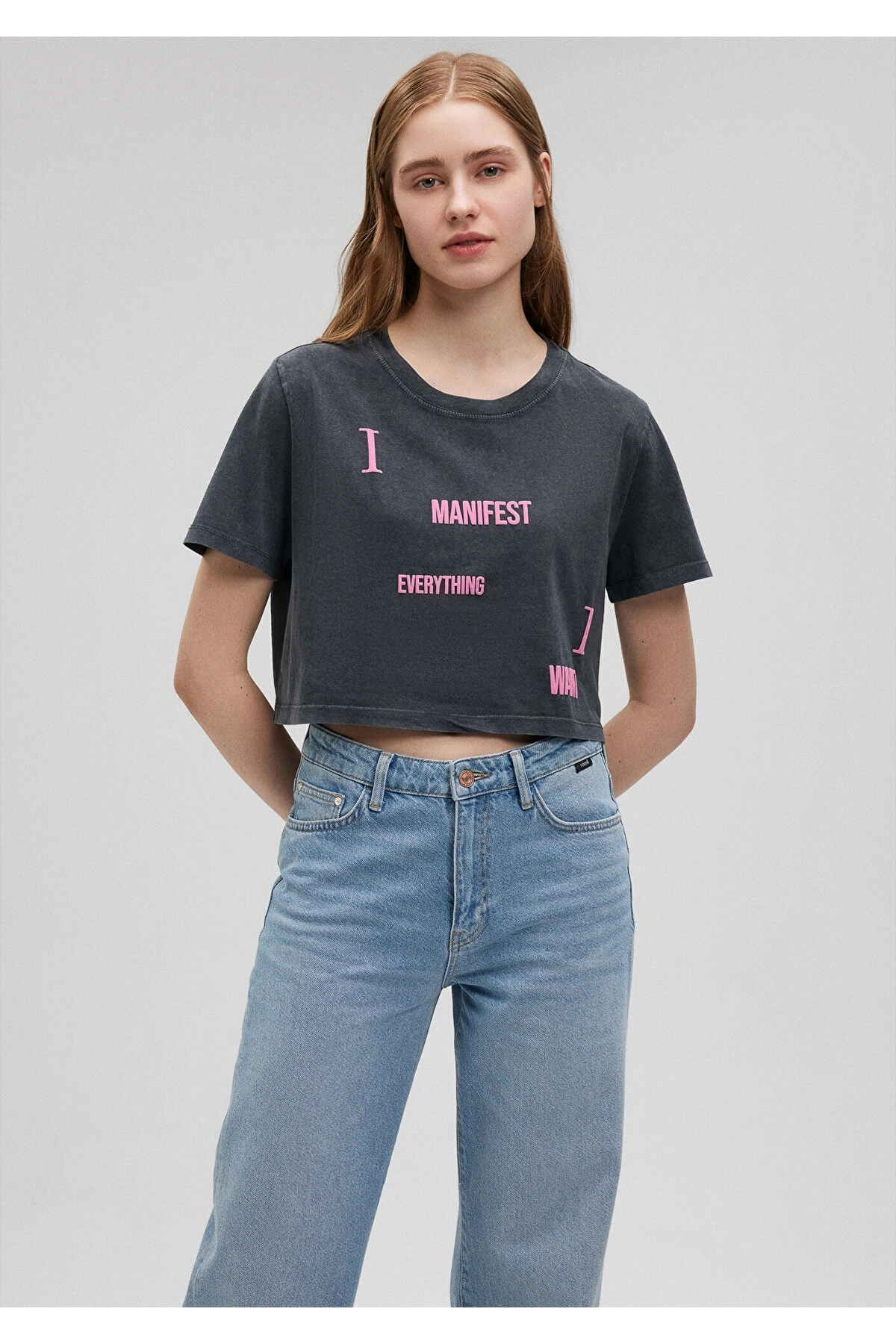 Mavi Baskılı Gri Crop Tişört Crop / Kısa Kesim