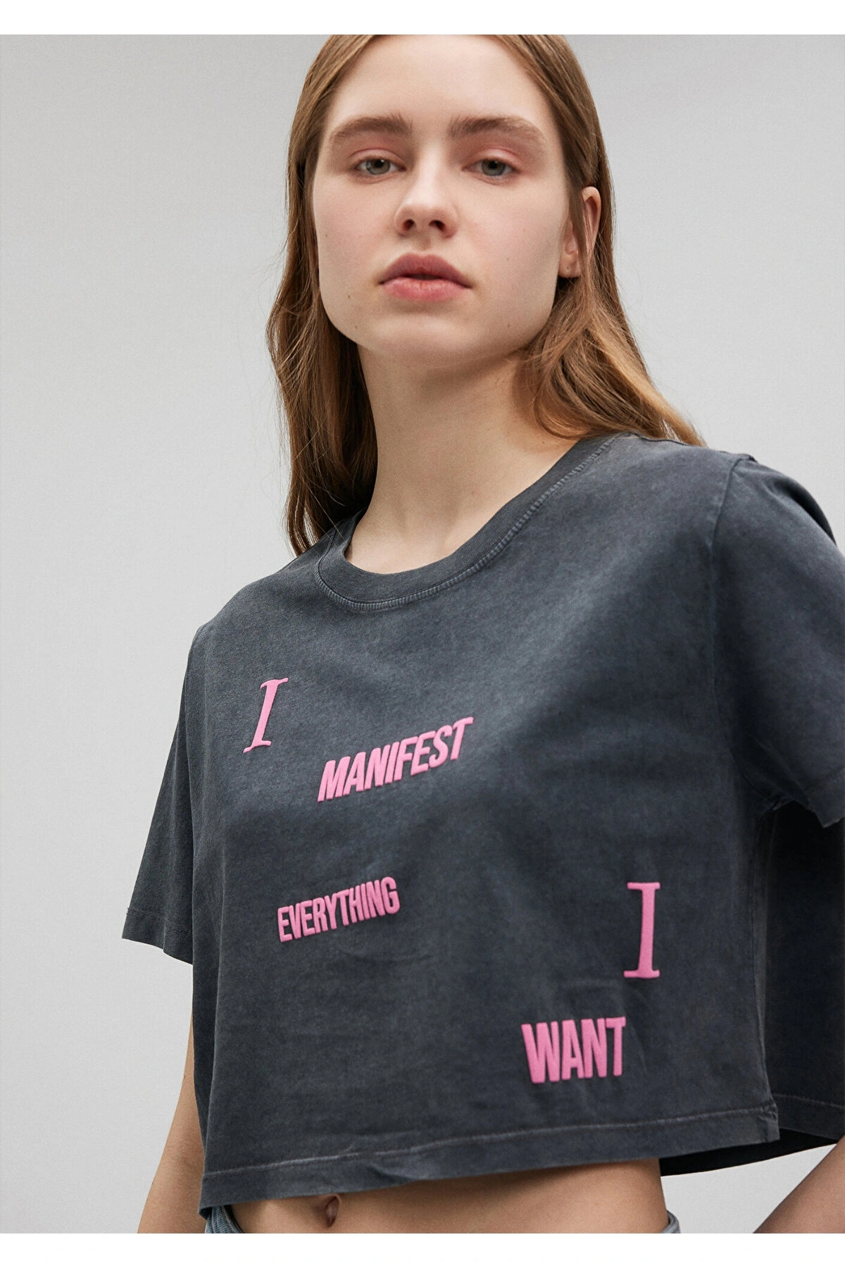 Mavi Baskılı Gri Crop Tişört Crop / Kısa Kesim