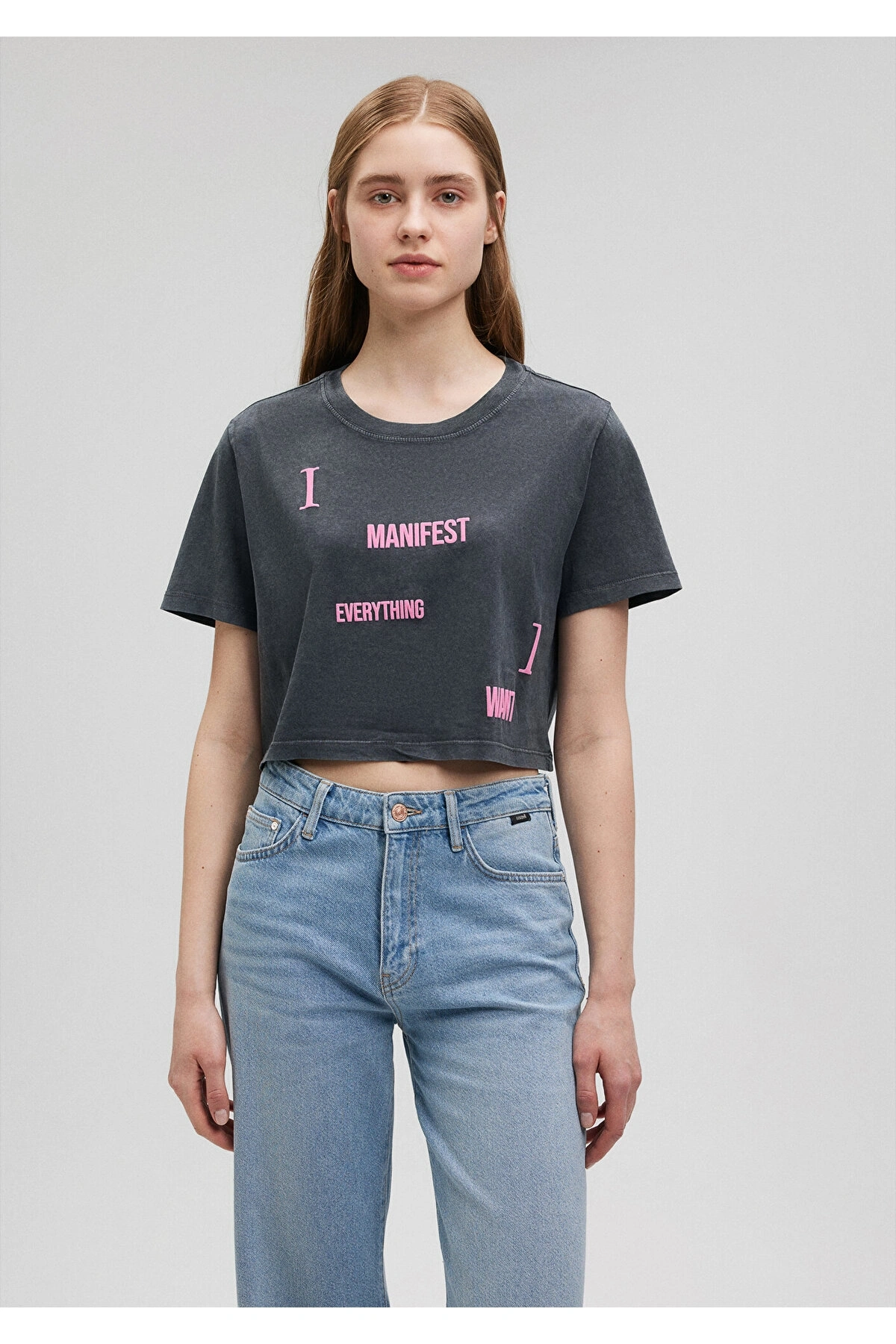 Mavi Baskılı Gri Crop Tişört Crop / Kısa Kesim