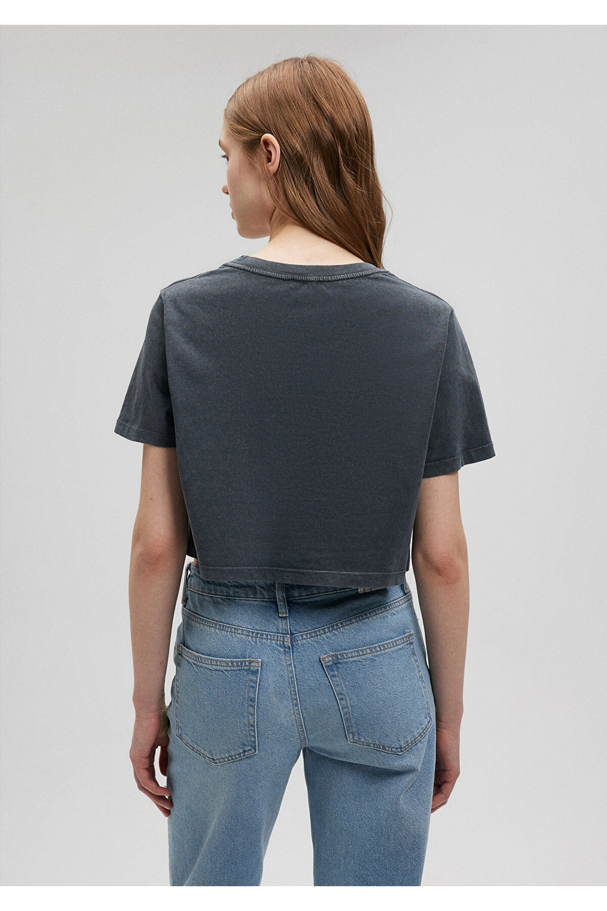 Mavi Baskılı Gri Crop Tişört Crop / Kısa Kesim