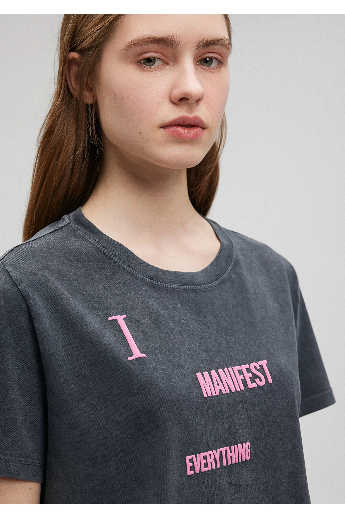 Mavi Baskılı Gri Crop Tişört Crop / Kısa Kesim