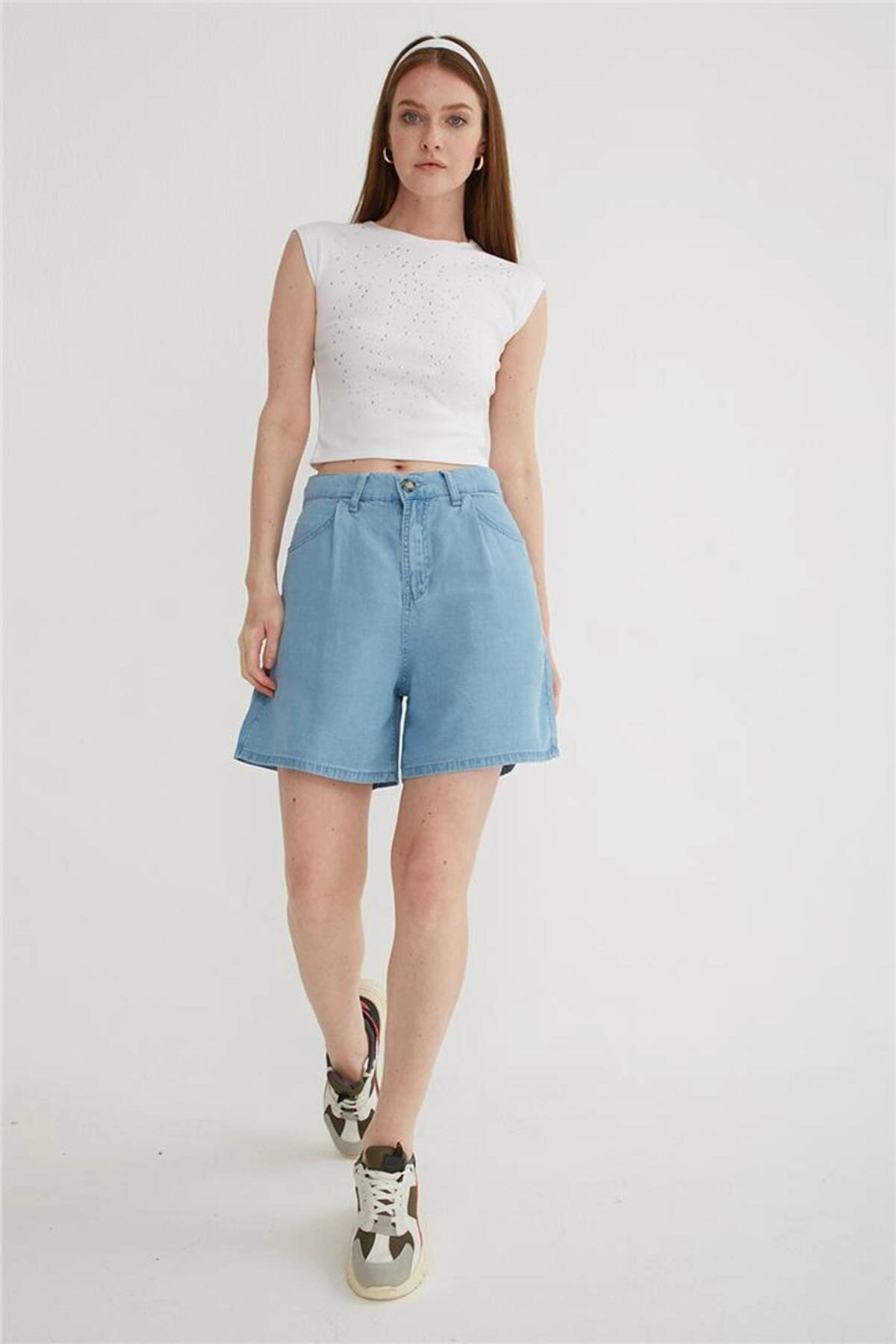 Fashion Friends Yüksel Bel Denim Şort Mavi