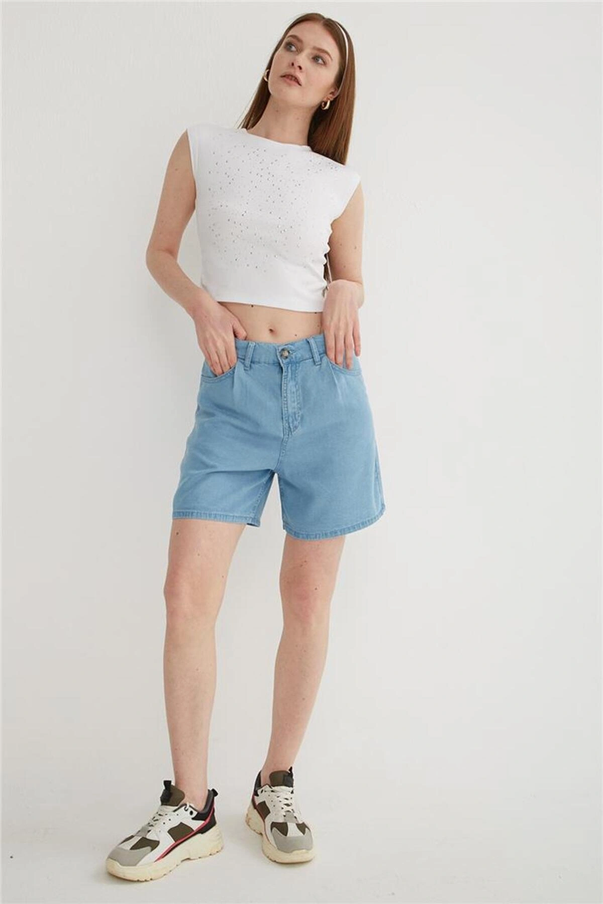 Fashion Friends Yüksel Bel Denim Şort Mavi