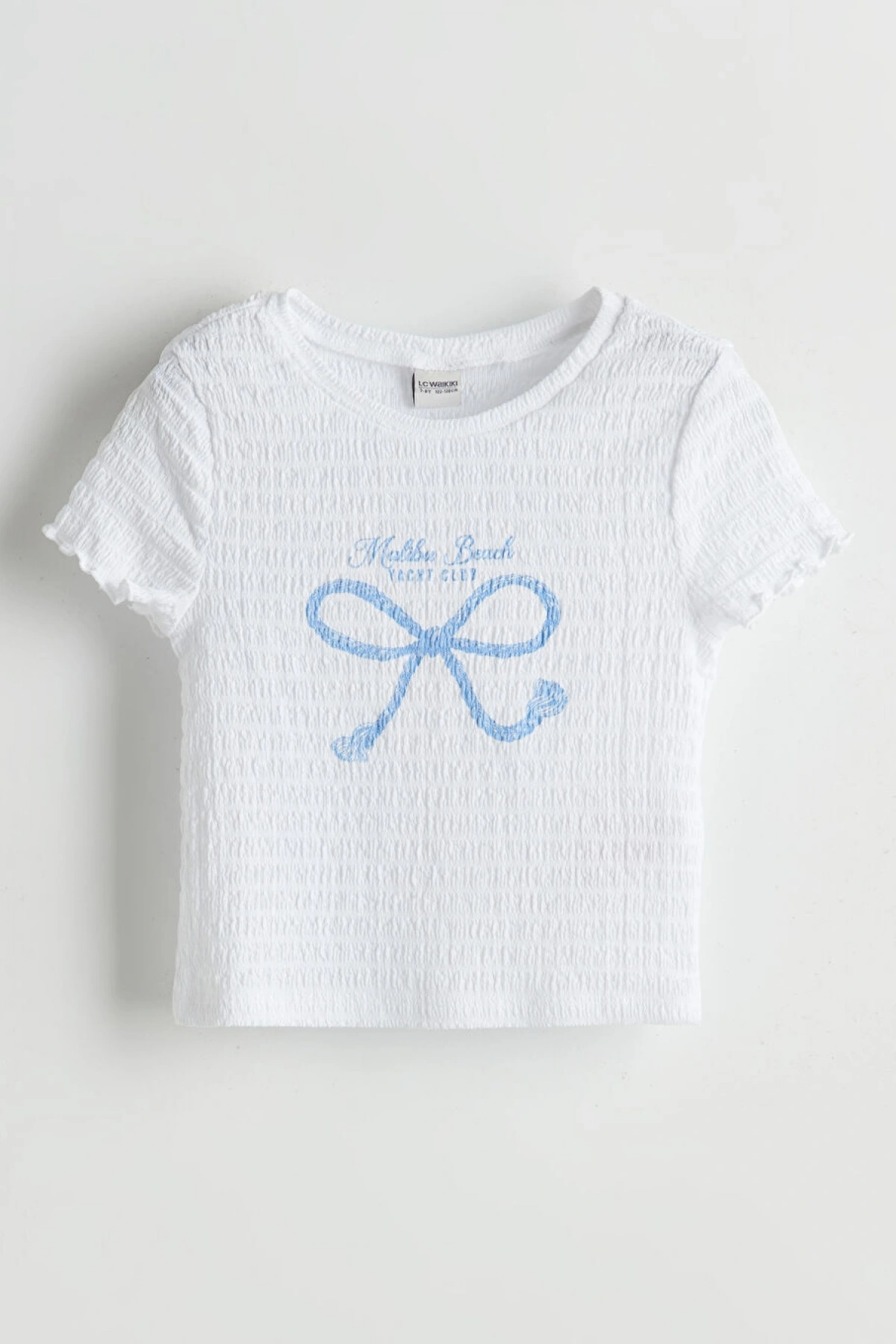 LCW Kids Beyaz Bisiklet Yaka Fiyonk Baskılı Kız Çocuk Tişört