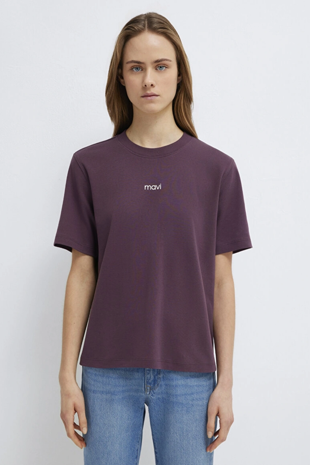 Mavi Logo Baskılı İnterlok Mor Tişört