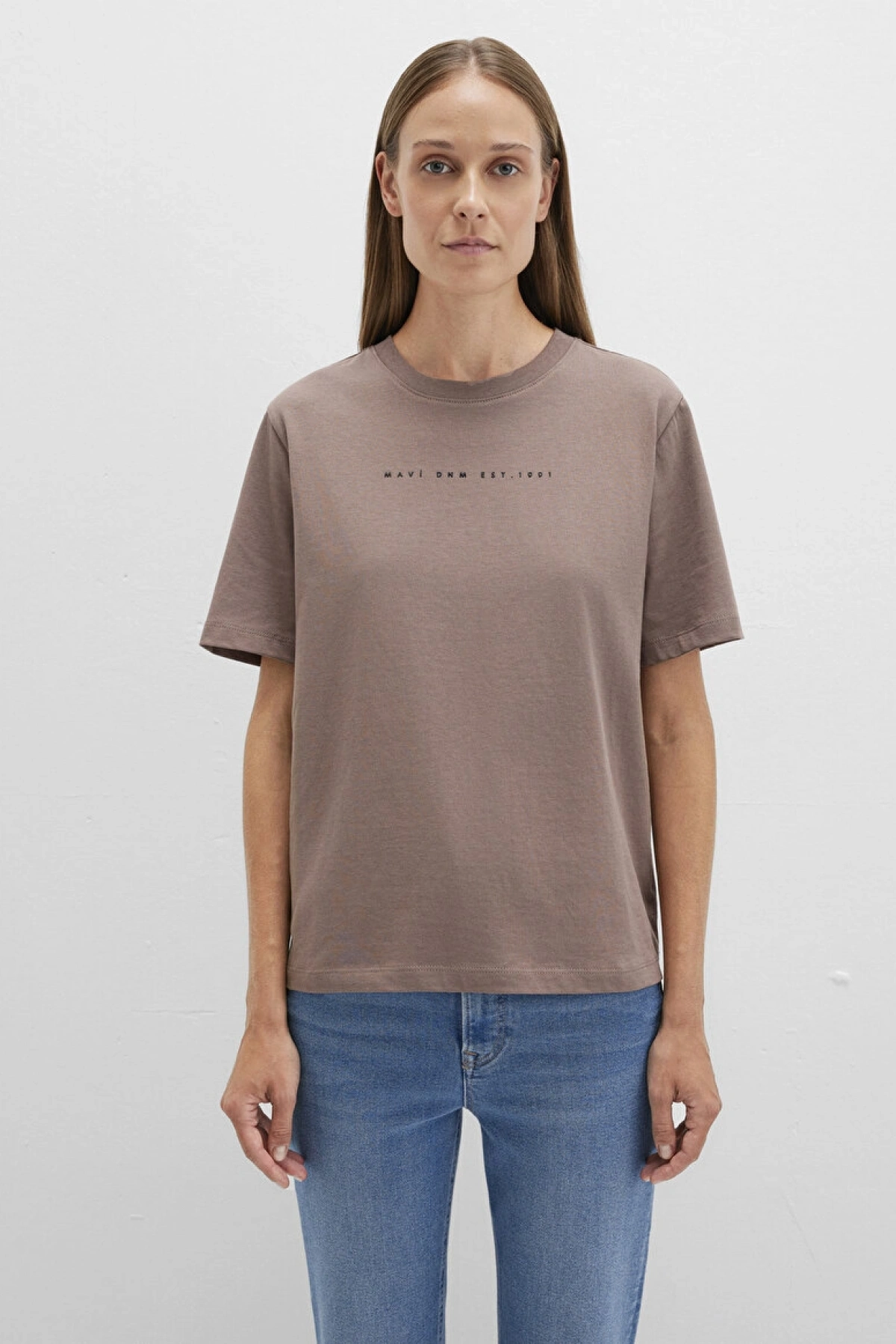 Mavi Baskılı Kahverengi Tişört Regular Fit / Normal Kesim