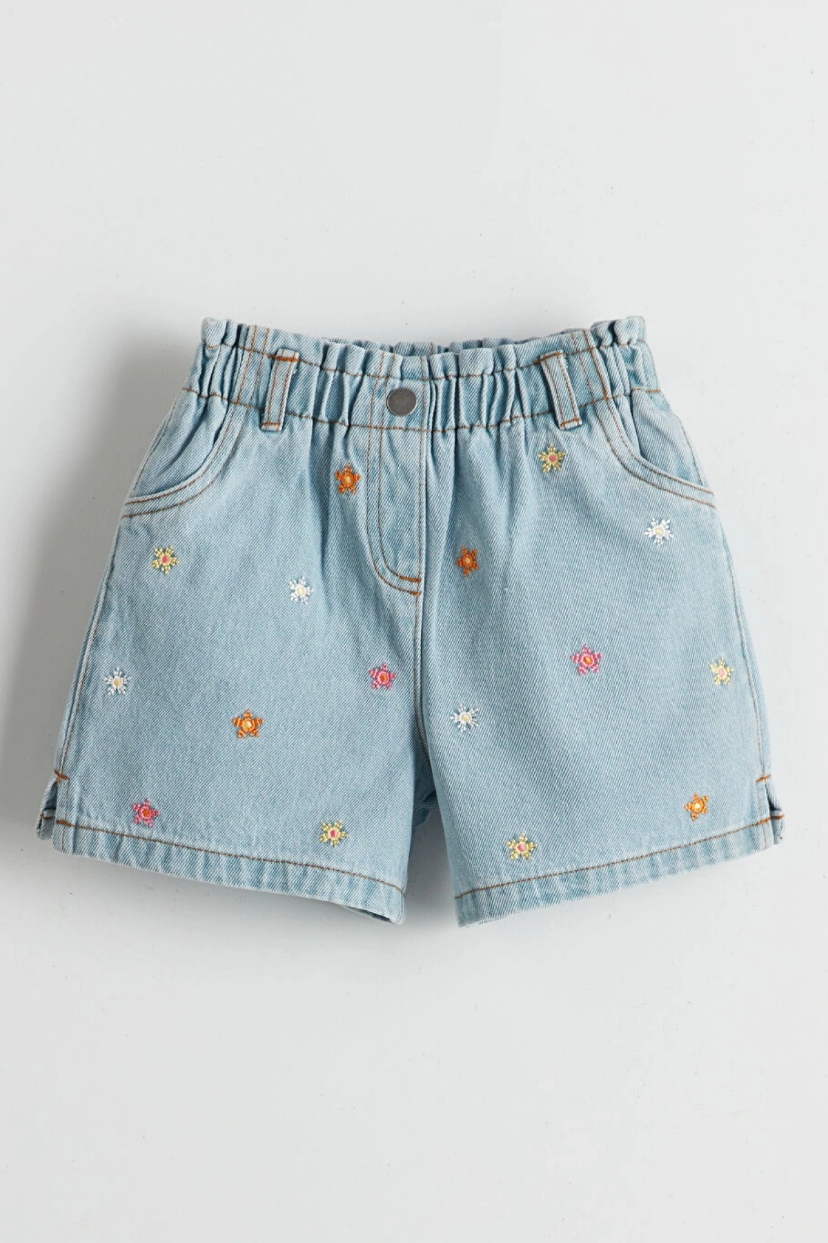 LC WAİKİKİ LCW Kids Mavi Beli Lastikli Nakışlı Kız Çocuk Jean Şort