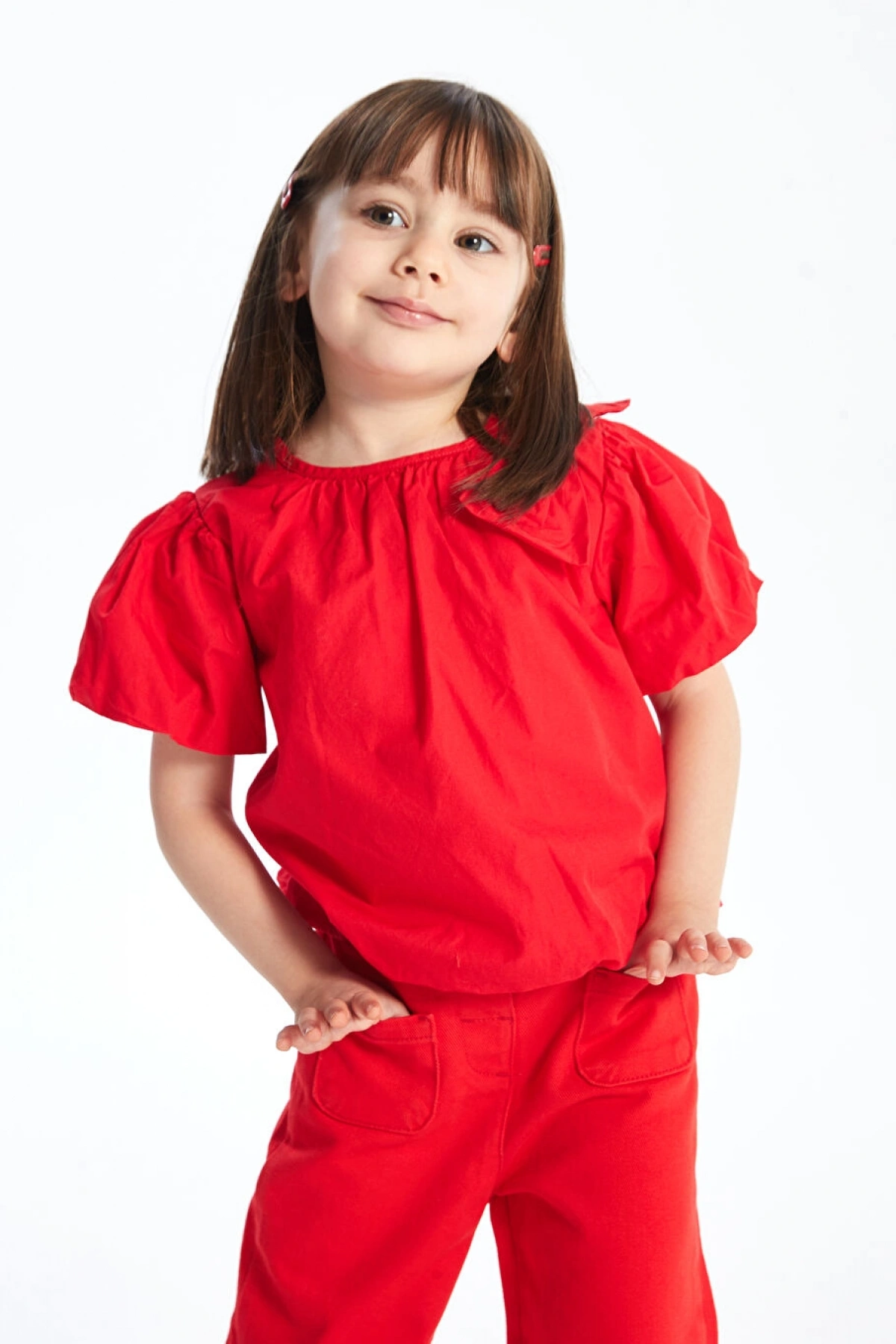 CW Kids Kırmızı Bisiklet Yaka Balon Kollu Kız Çocuk Bluz