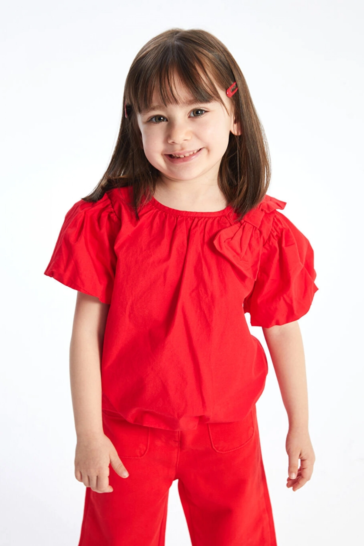 CW Kids Kırmızı Bisiklet Yaka Balon Kollu Kız Çocuk Bluz
