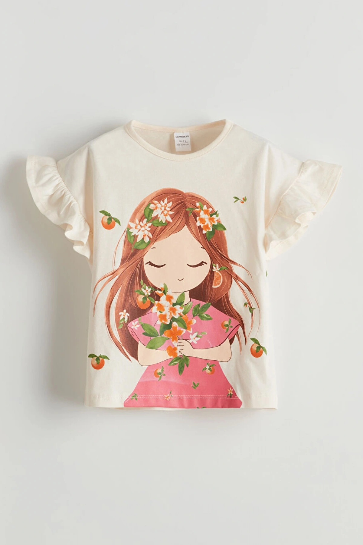 LCW Kids Ekru Bisiklet Yaka Baskılı Kız Çocuk Tişört