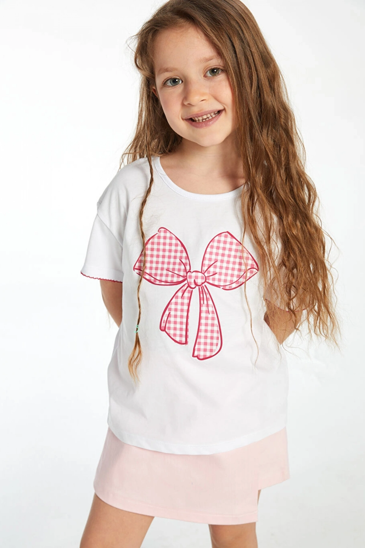 LC Waikiki LCW Kids Ekru Bisiklet Yaka Kurdele Baskılı Kız Çocuk Tişört