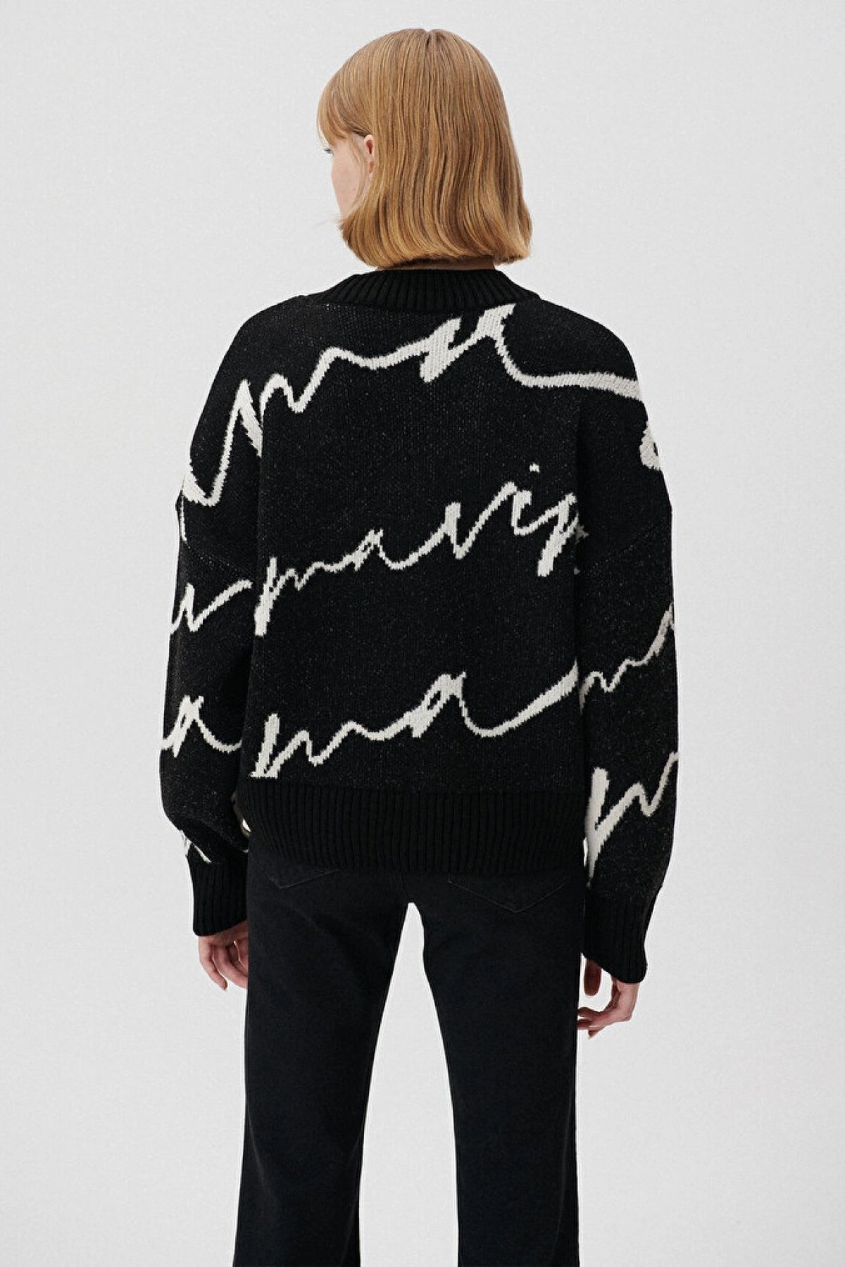 MAVİ Bisiklet Yaka Desenli Kazak Siyah