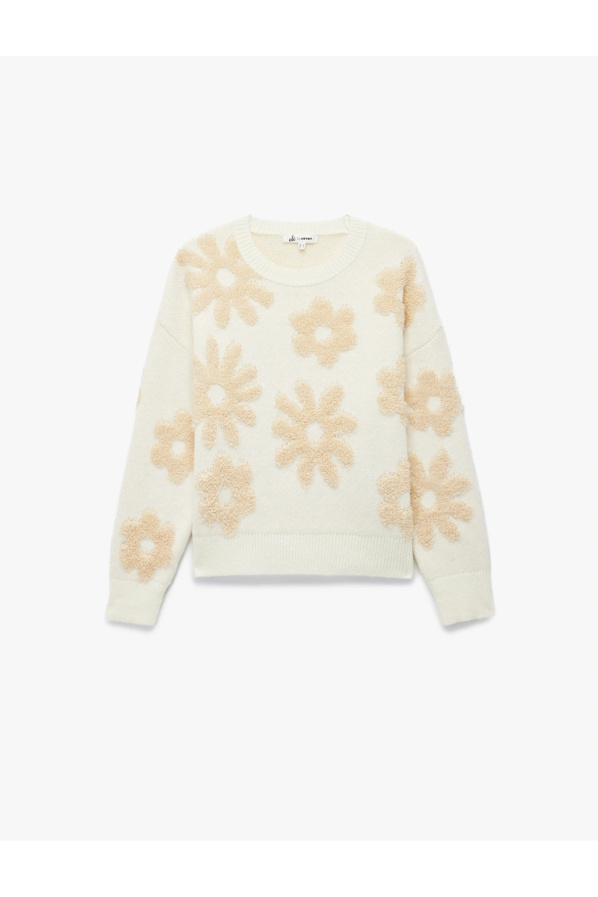 Koton Uzun Kollu Bisiklet Yaka Çiçek İşlemeli Triko Kazak