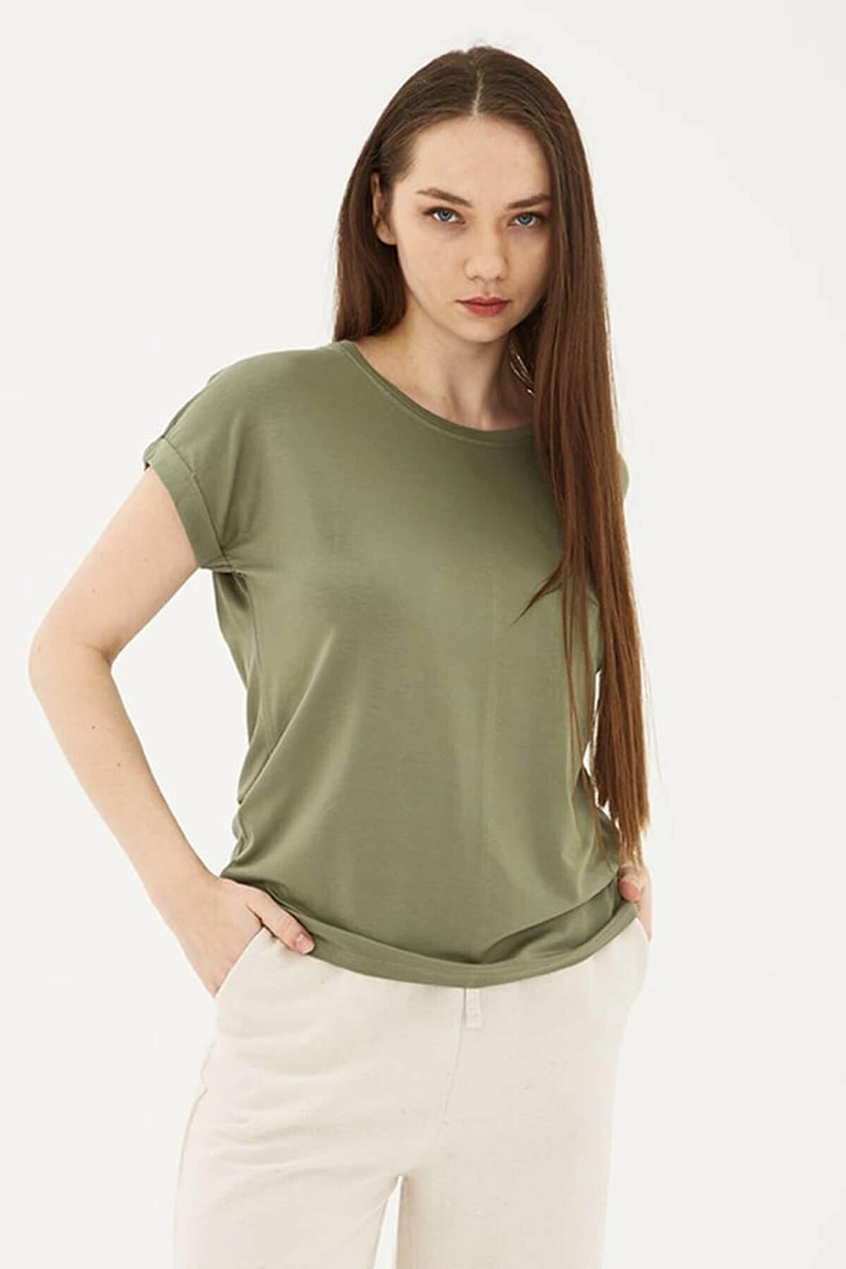 Fashion Friends Bisiklet Yaka Dökümlü Viskon Haki Kadın T-Shirt