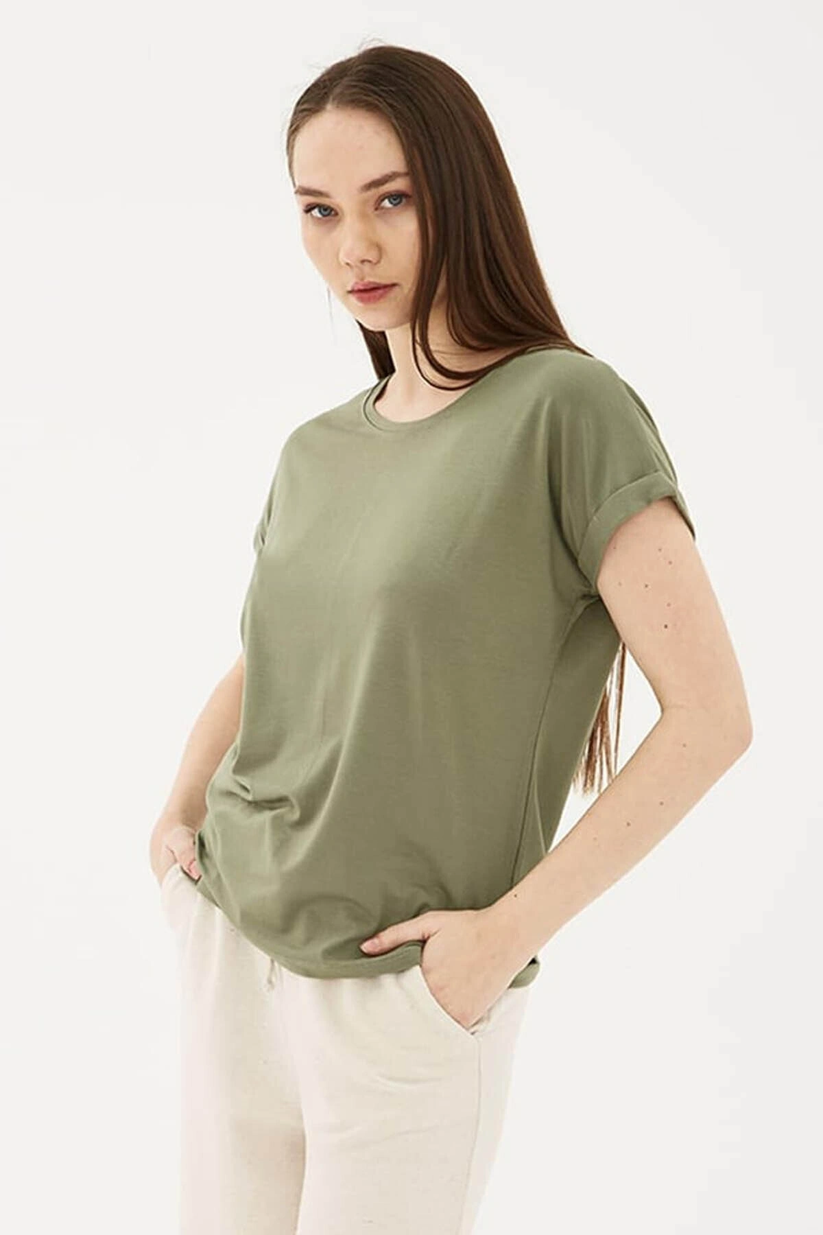 Fashion Friends Bisiklet Yaka Dökümlü Viskon Haki Kadın T-Shirt