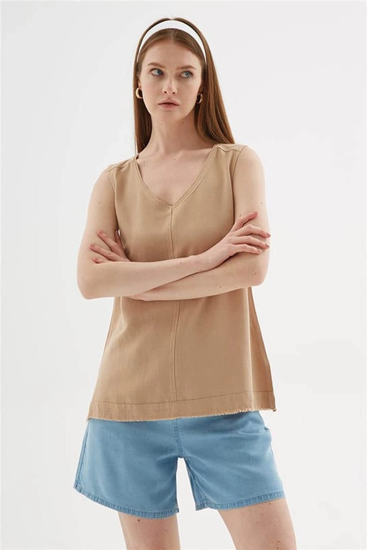 Fashion Friends V Yaka Keten Bej Kadın Bluz