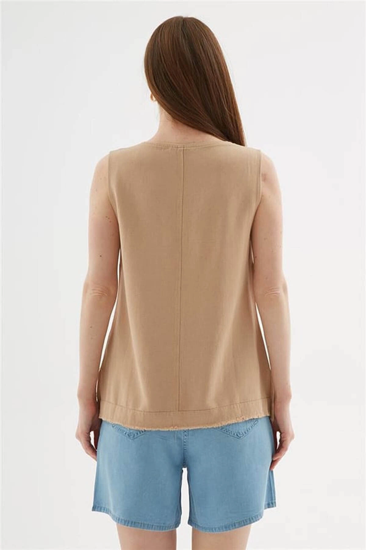 Fashion Friends V Yaka Keten Bej Kadın Bluz