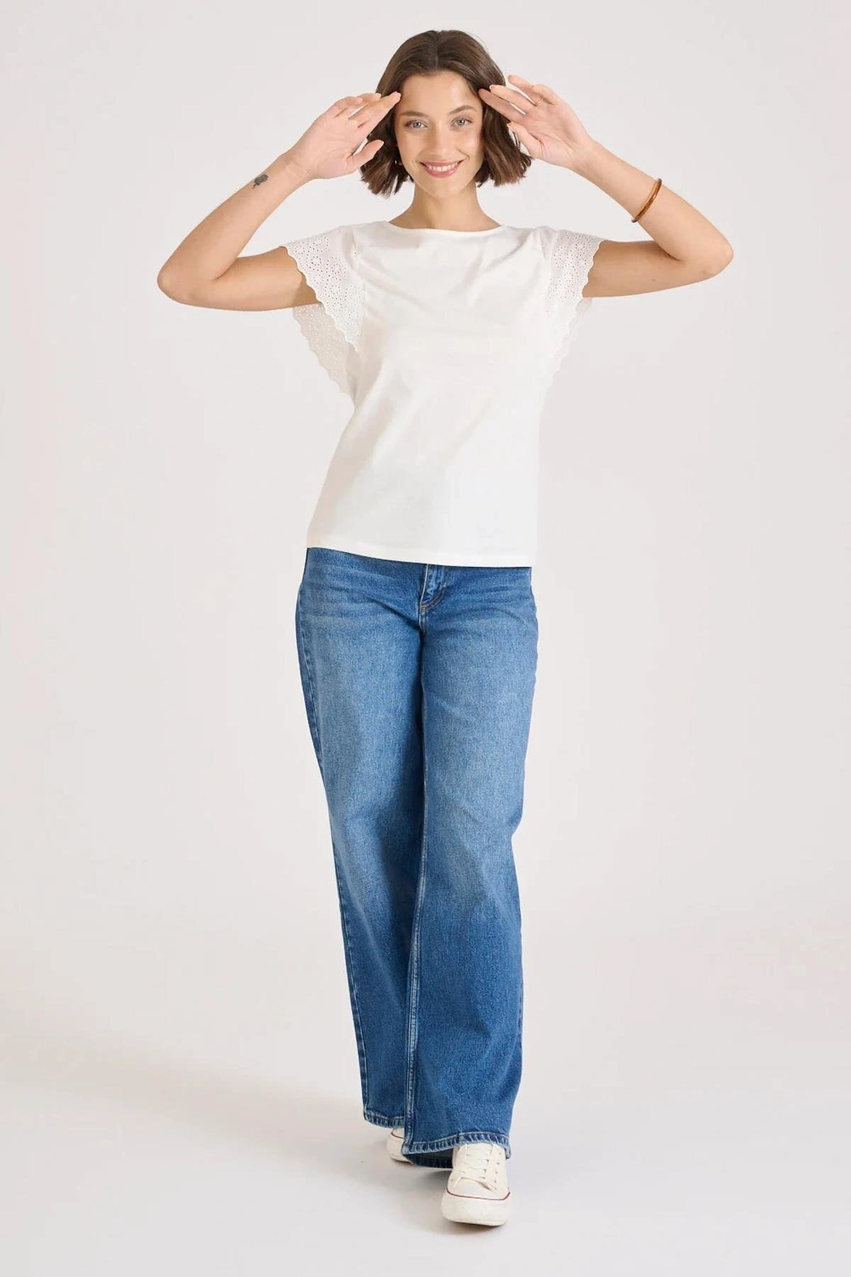 Fashion Friends %100 Pamuk Kolları Dantelli Ekru Bluz