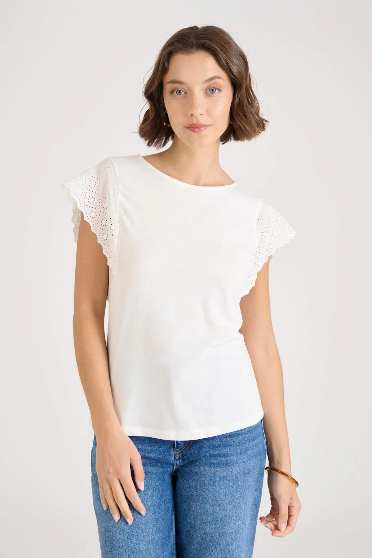 Fashion Friends %100 Pamuk Kolları Dantelli Ekru Bluz