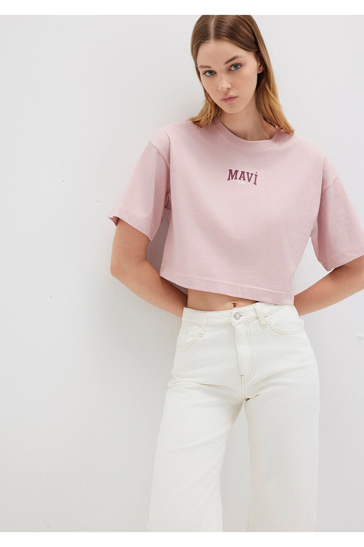 Mavi Logo Baskılı Crop Pembe Kadın T-Shirt