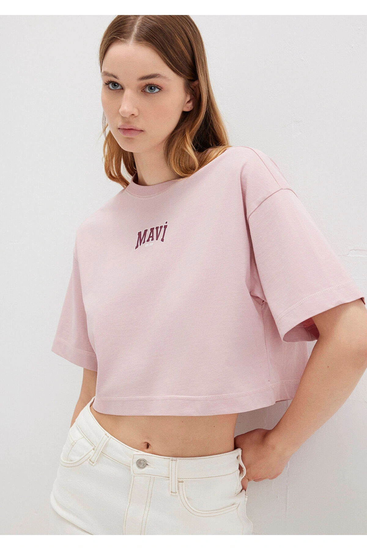 Mavi Logo Baskılı Crop Pembe Kadın T-Shirt