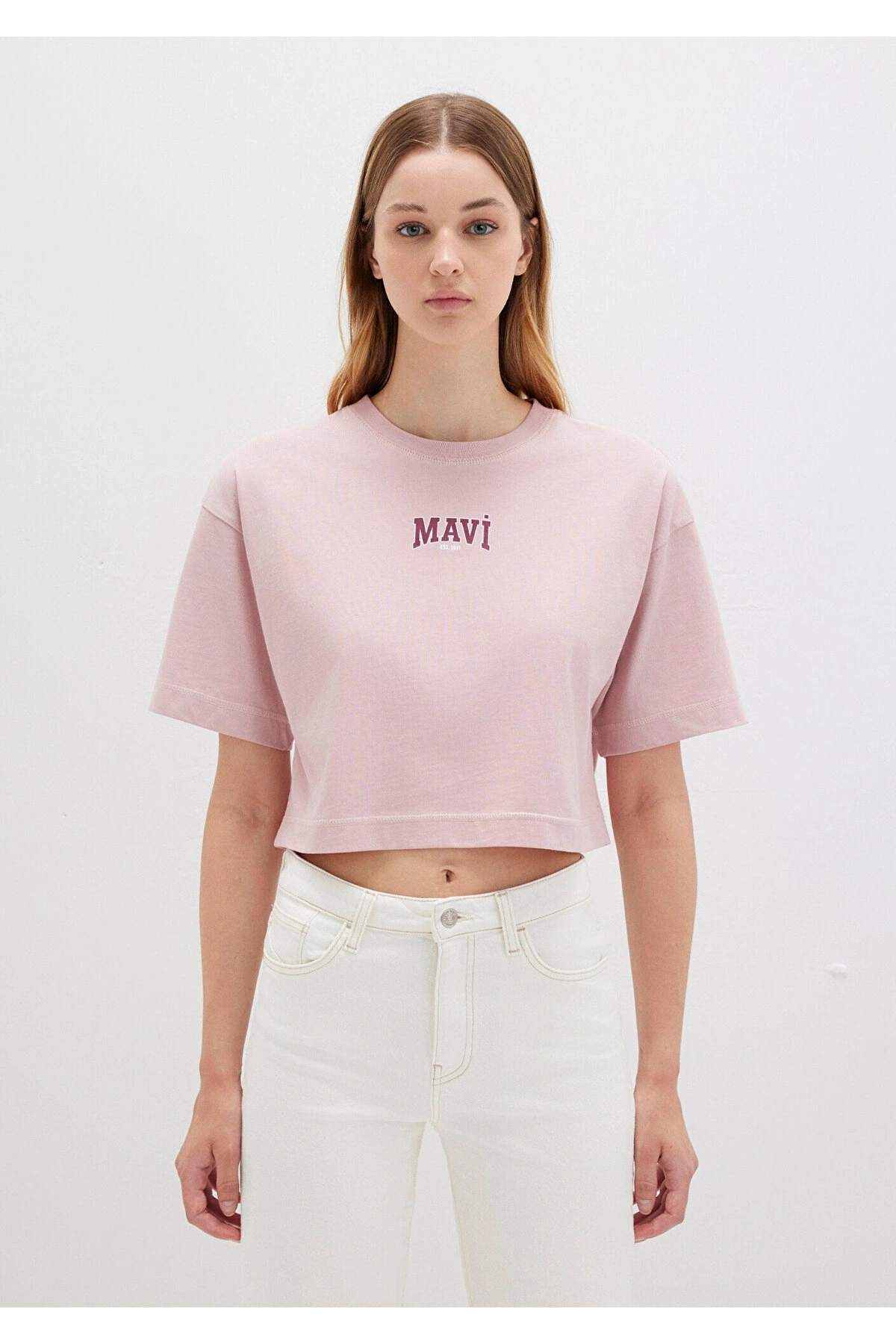 Mavi Logo Baskılı Crop Pembe Kadın T-Shirt