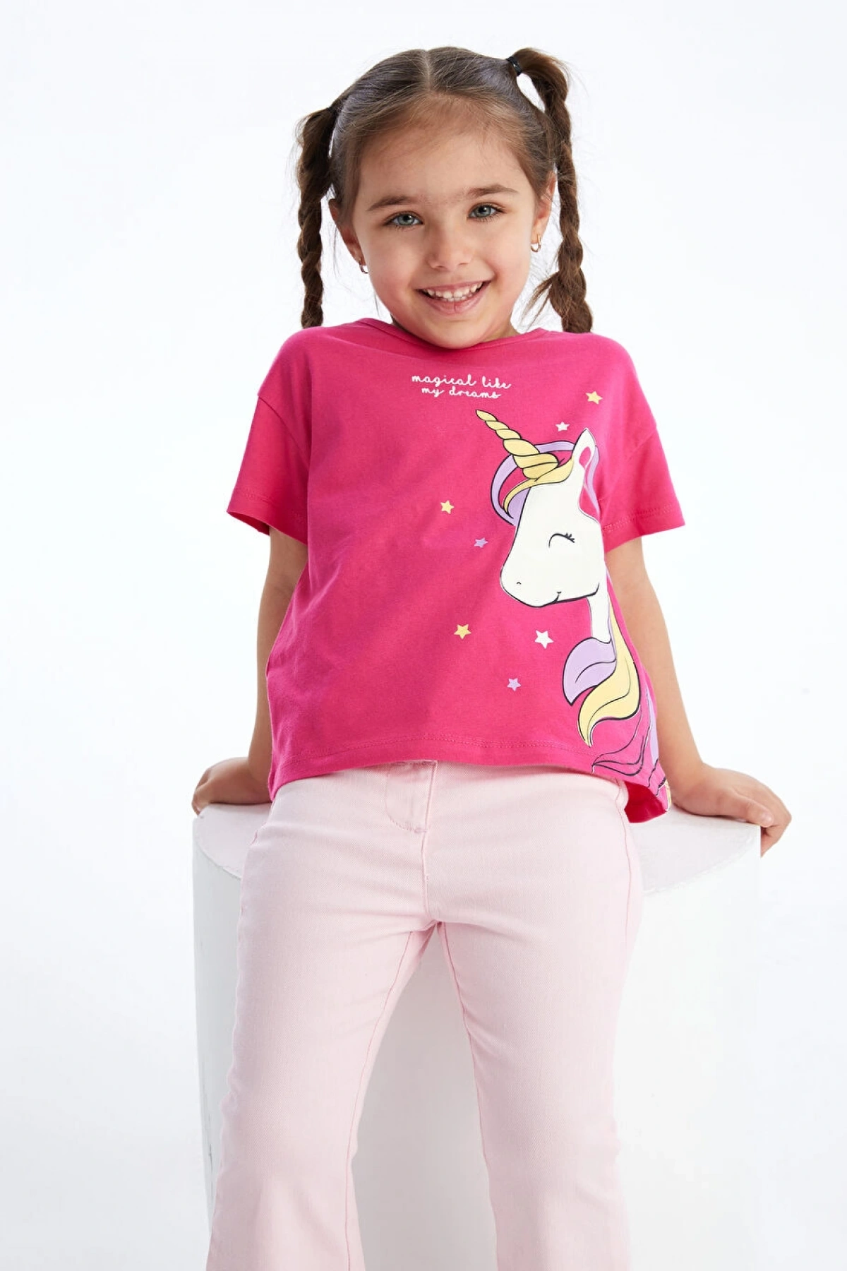 LCW Kids Fuşya Bisiklet Yaka Baskılı Kısa Kollu Kız Bebek Tişört