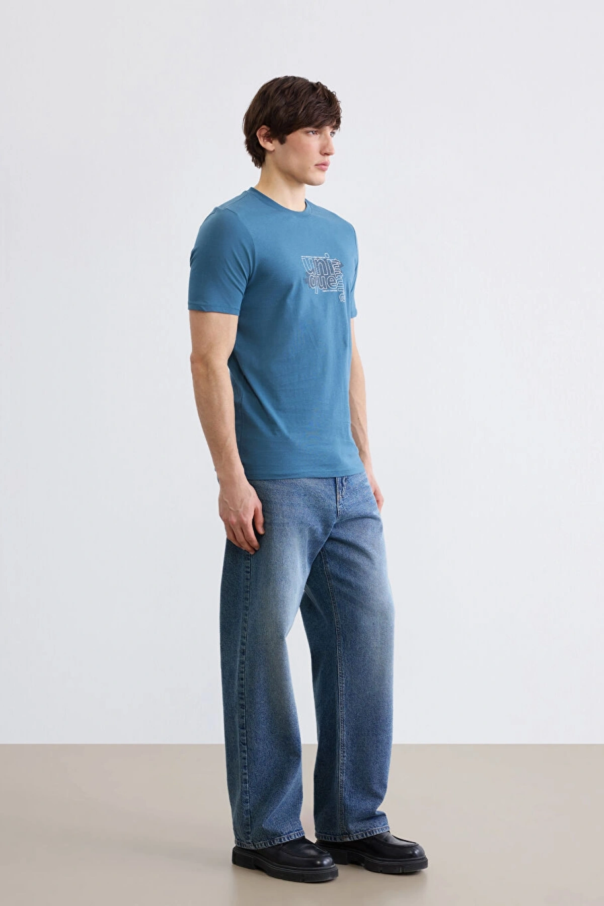 XSIDE Petrol Bisiklet Yaka Baskılı Penye Erkek Tişört