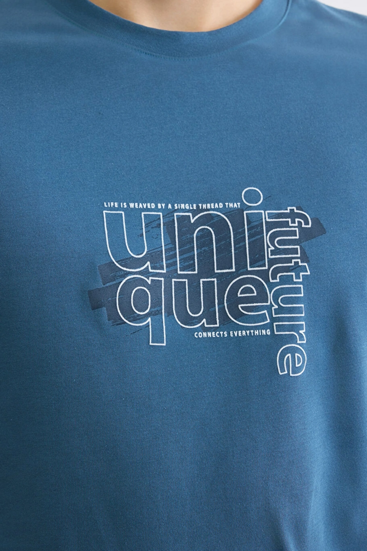 XSIDE Petrol Bisiklet Yaka Baskılı Penye Erkek Tişört