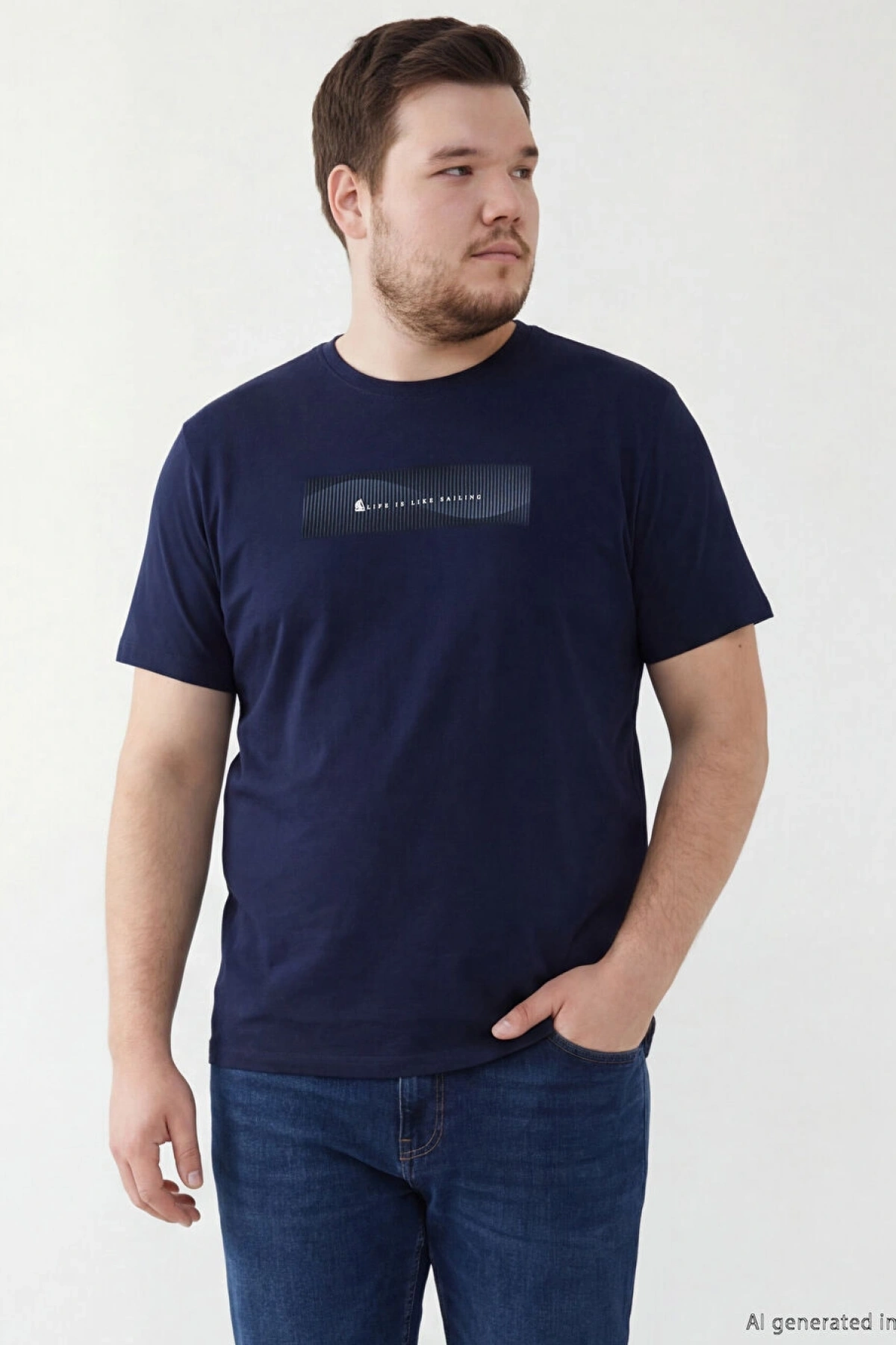 LCWAIKIKI Classic Lacivert Bisiklet Yaka Baskılı Penye Erkek Tişört