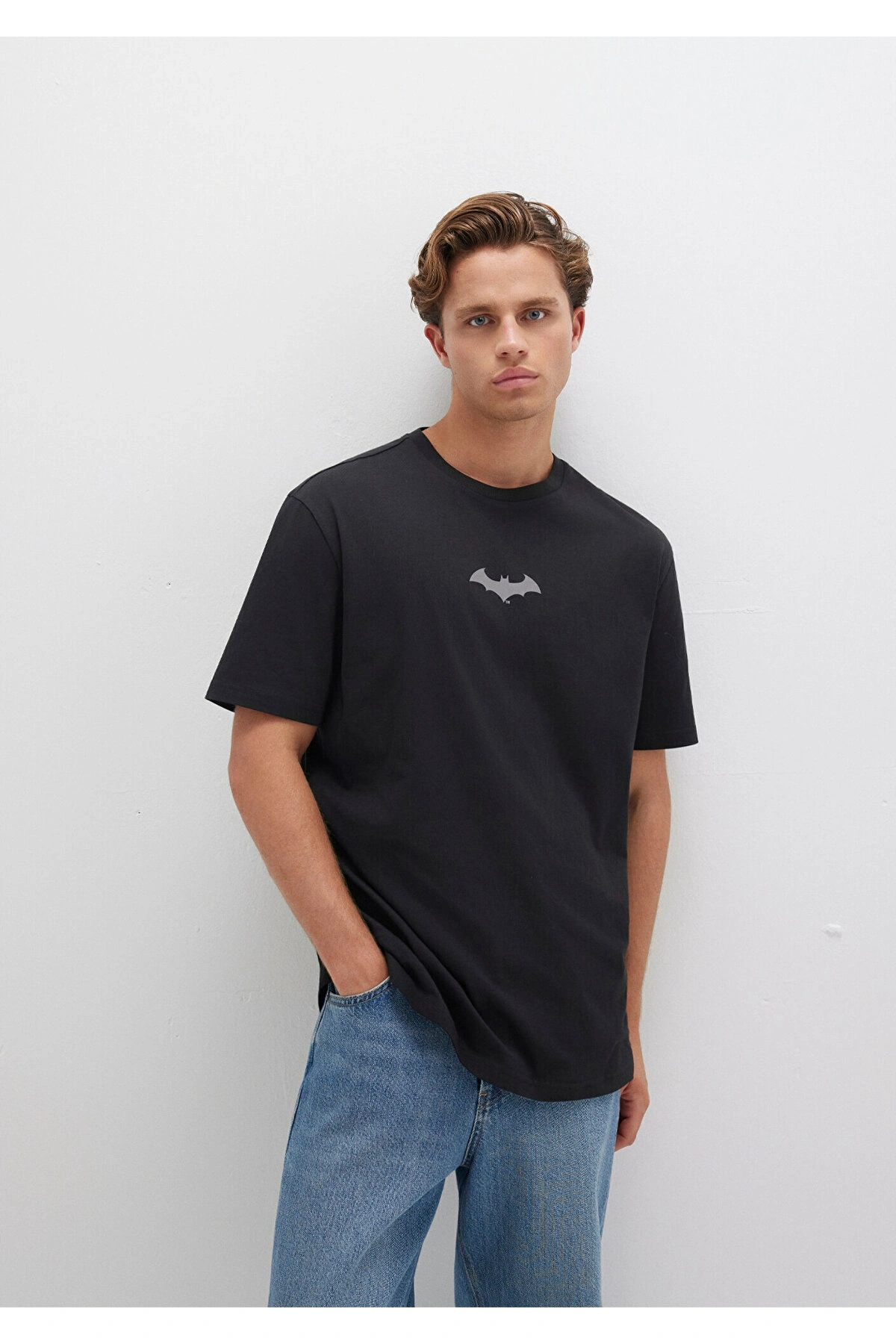 Mavi Batman Baskılı Siyah Tişört Loose Fit / Bol Rahat Kesim