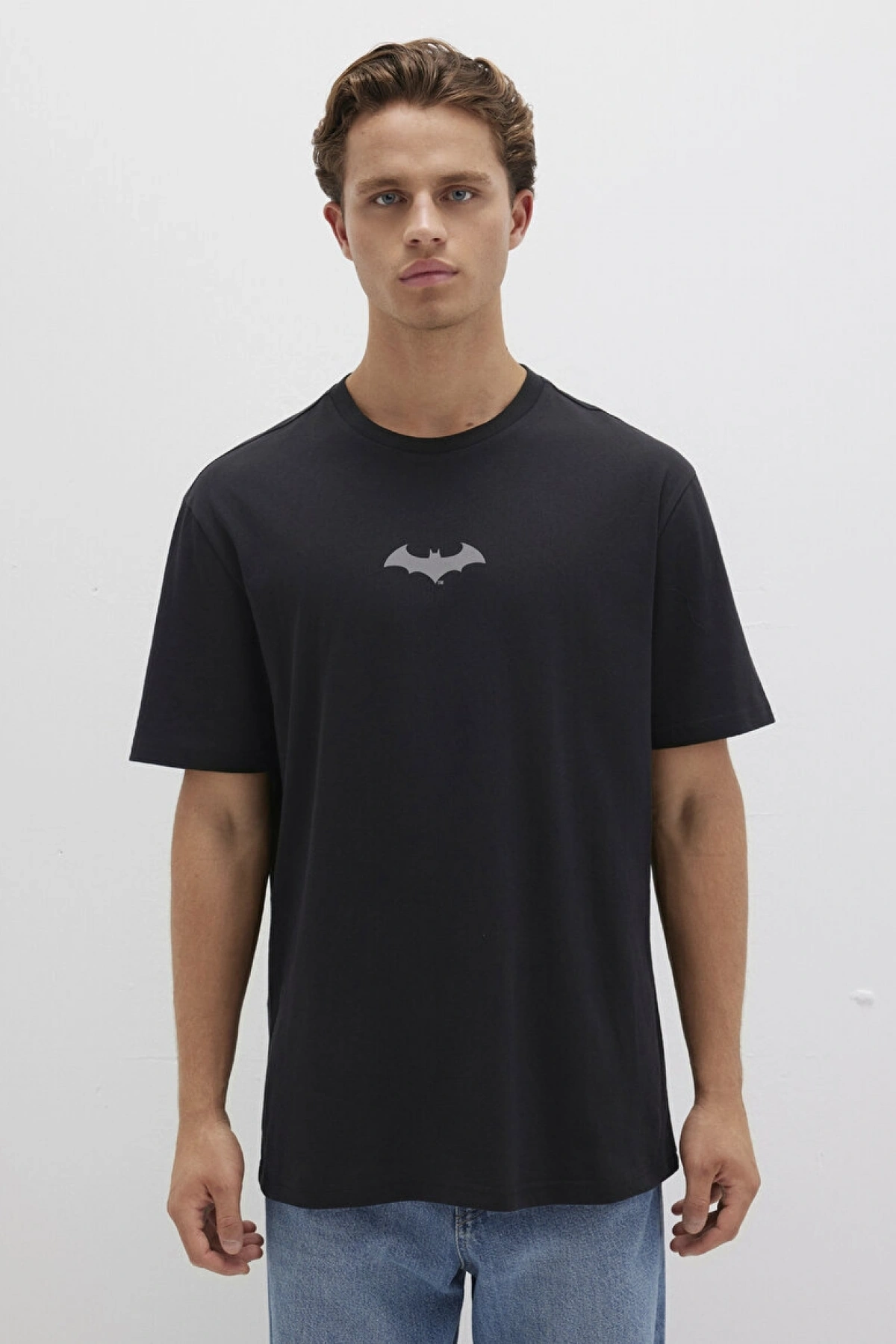 Mavi Batman Baskılı Siyah Tişört Loose Fit / Bol Rahat Kesim