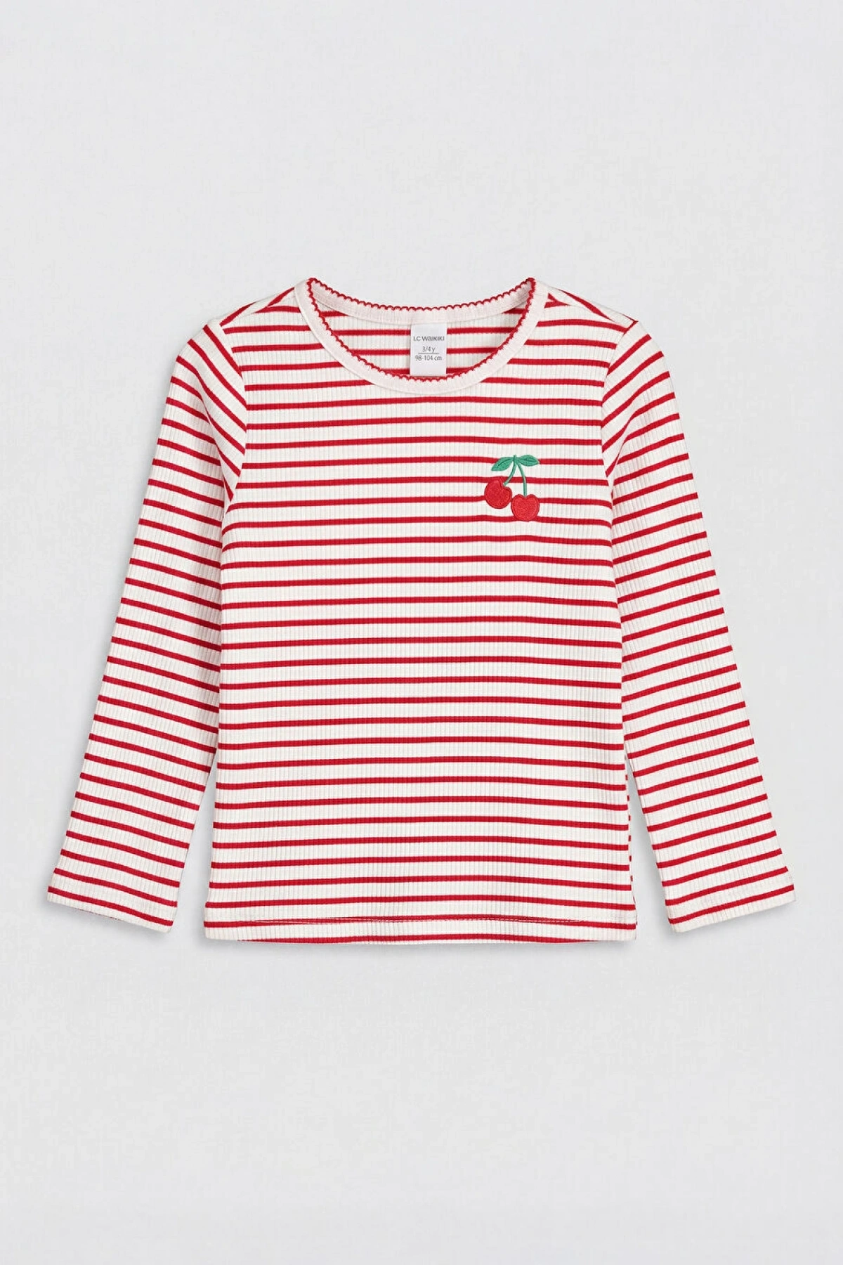 LC Waikiki Kırmızı Bisiklet Yaka Çizgili Kız Çocuk Triko Tişört