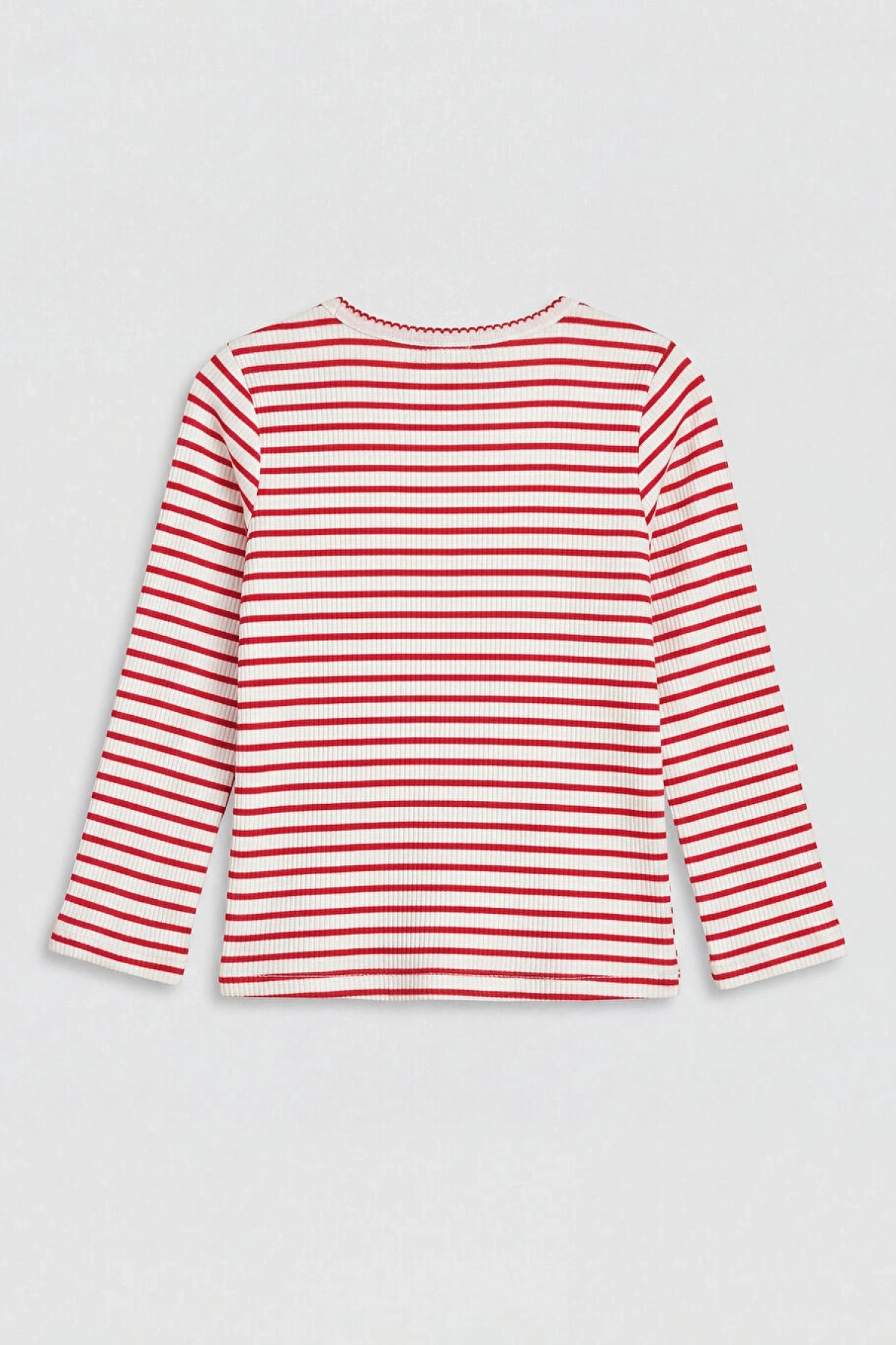 LC Waikiki Kırmızı Bisiklet Yaka Çizgili Kız Çocuk Triko Tişört