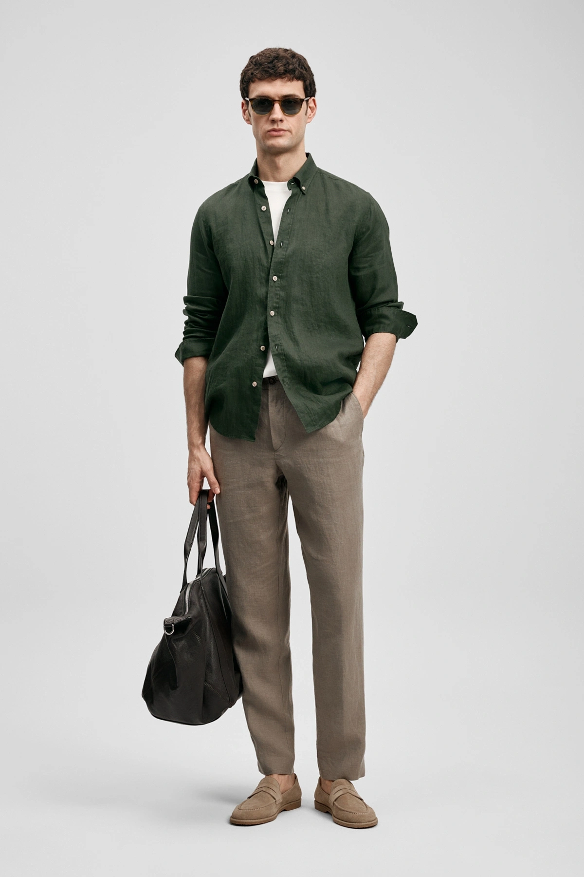 Lufian Pitaya Erkek Keten Gömlek Comfort Fit Koyu Yeşil