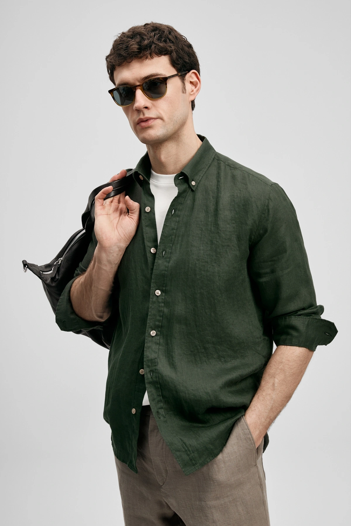Lufian Pitaya Erkek Keten Gömlek Comfort Fit Koyu Yeşil