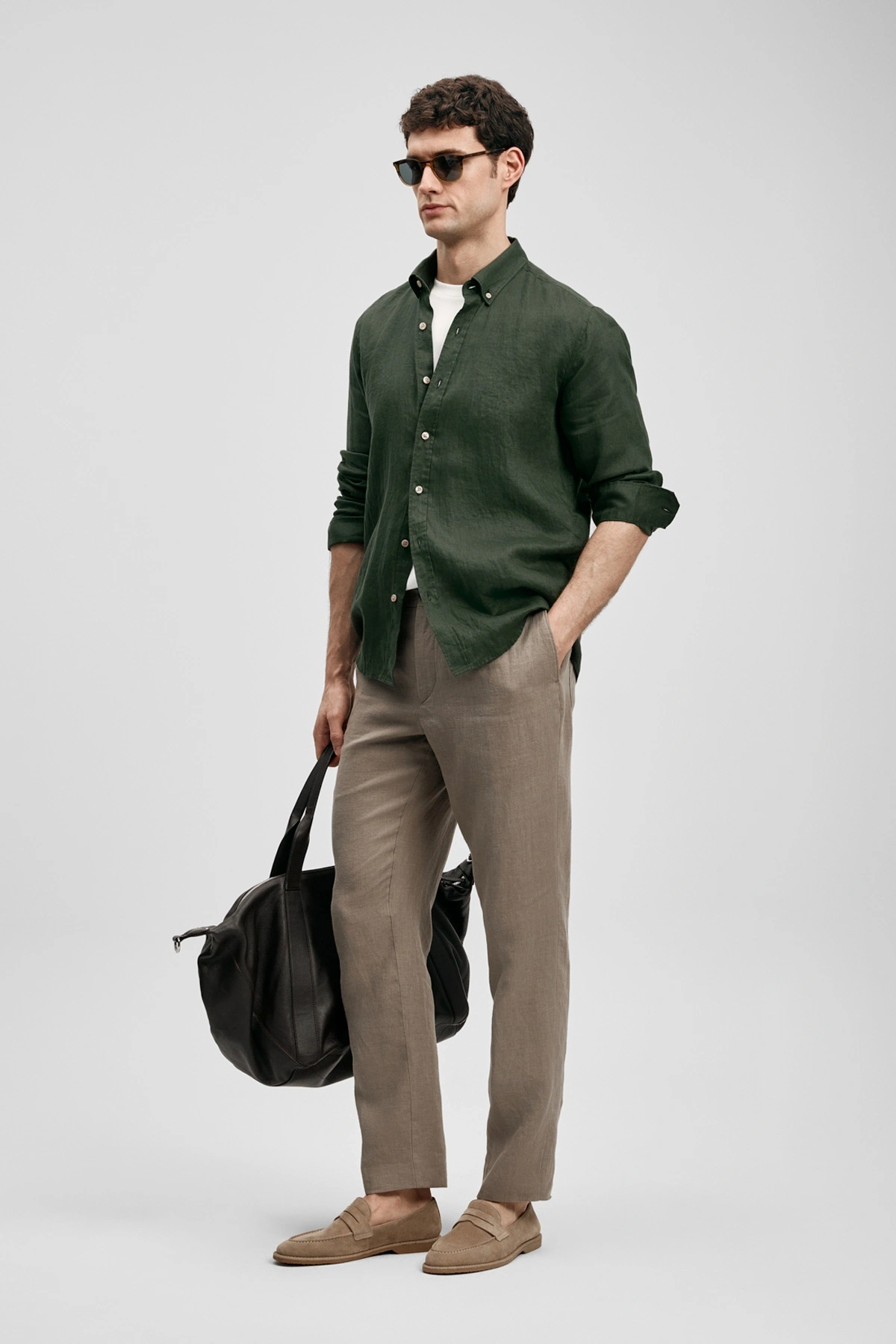 Lufian Pitaya Erkek Keten Gömlek Comfort Fit Koyu Yeşil