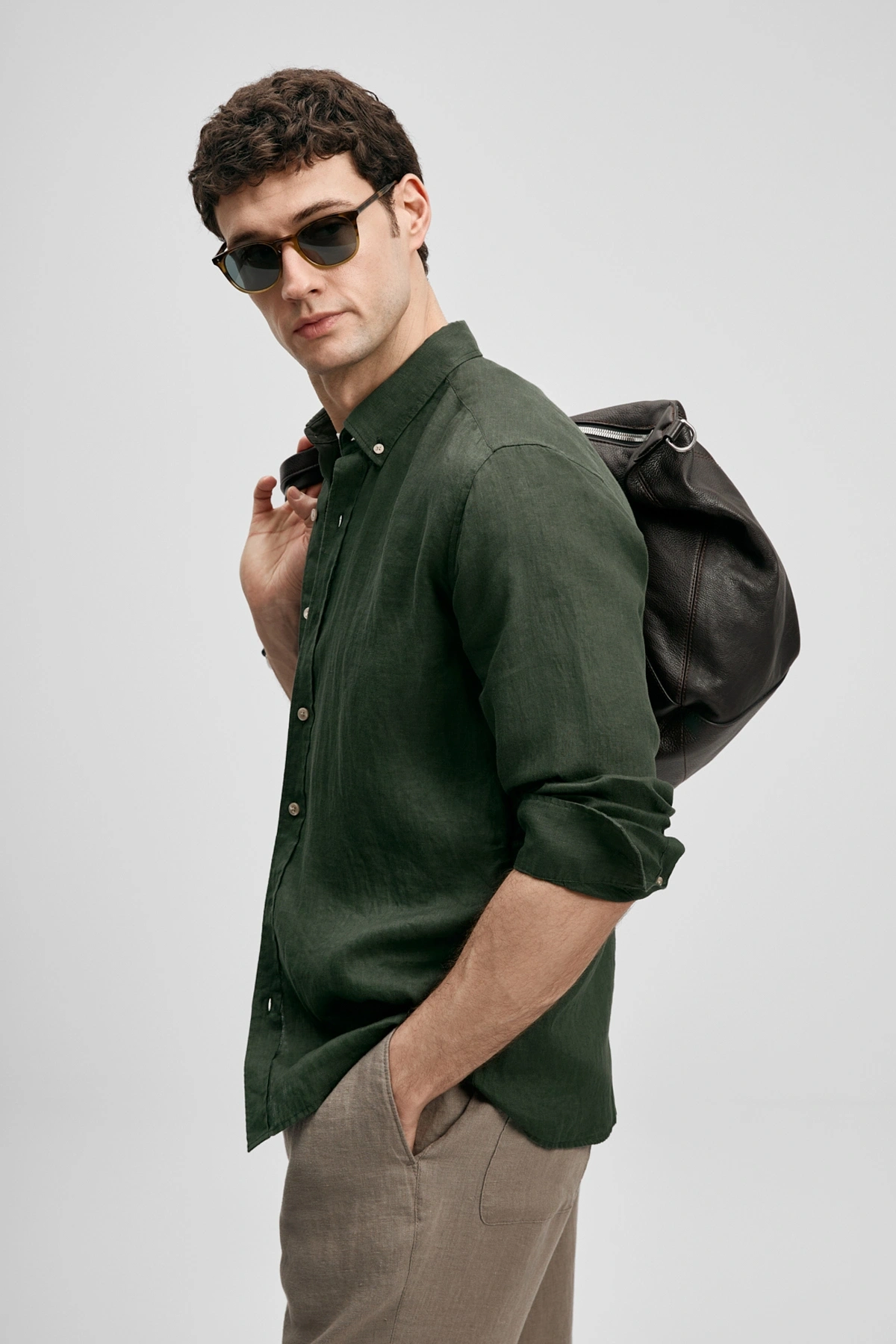 Lufian Pitaya Erkek Keten Gömlek Comfort Fit Koyu Yeşil