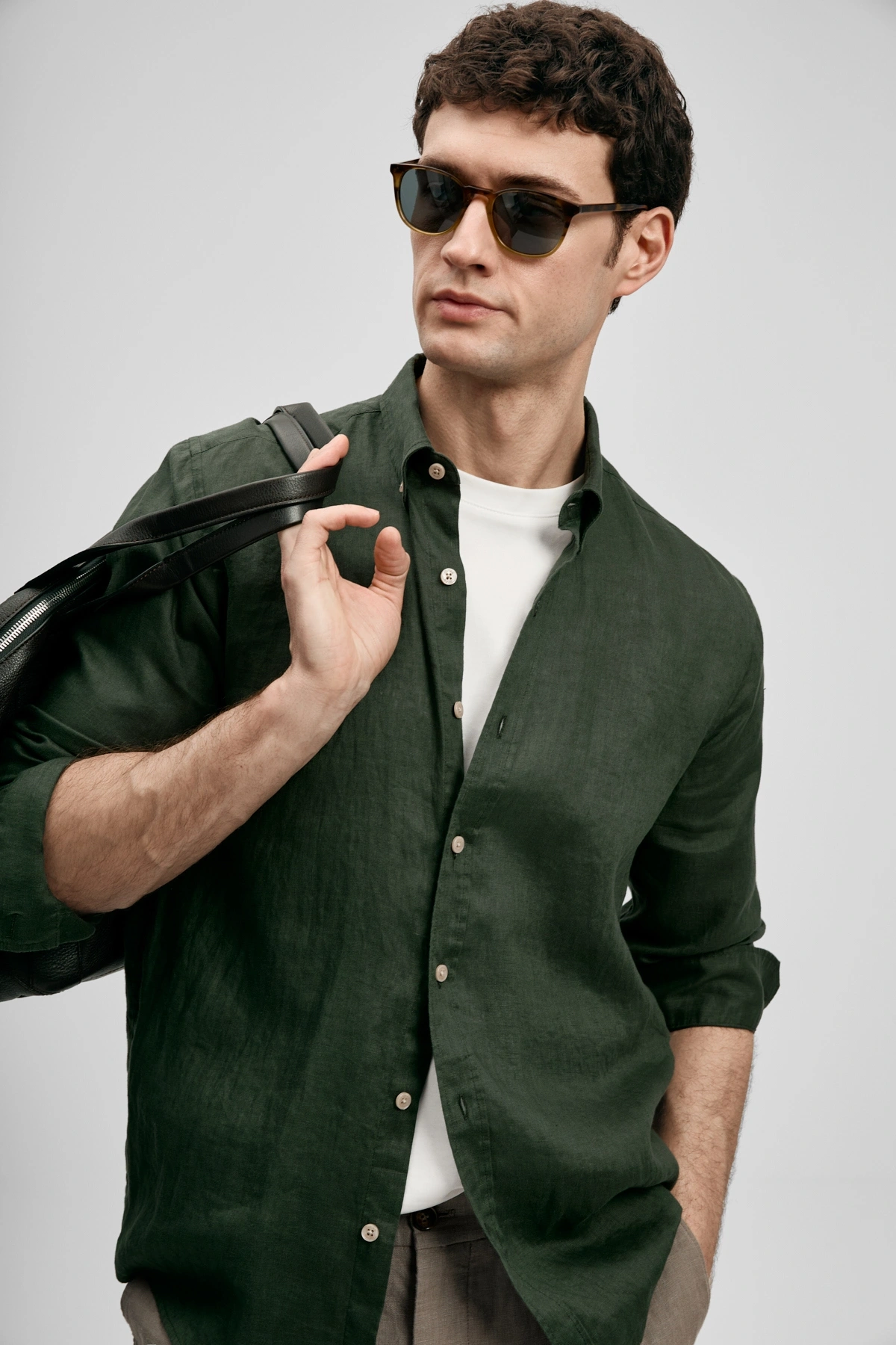 Lufian Pitaya Erkek Keten Gömlek Comfort Fit Koyu Yeşil