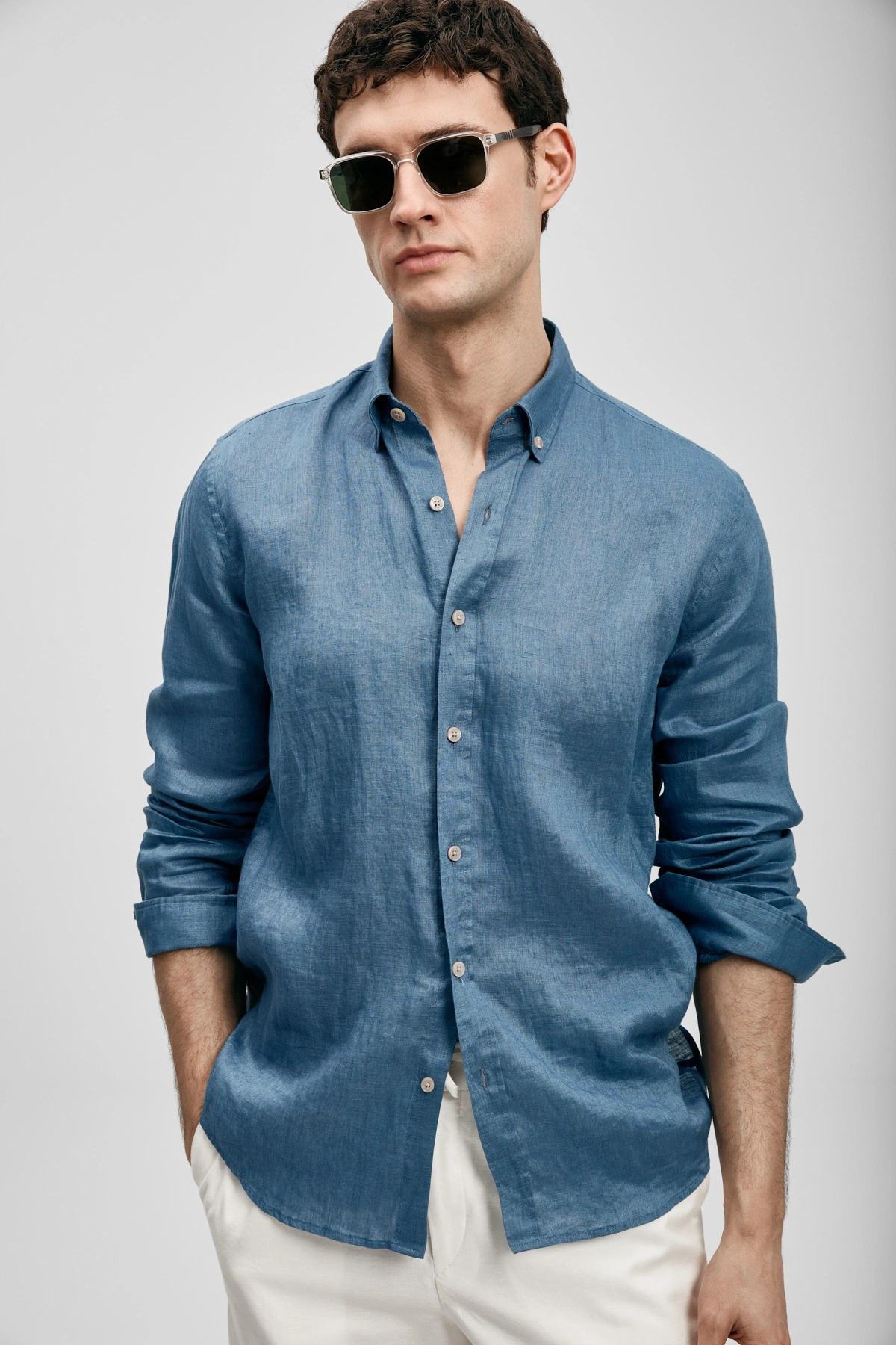 Lufian Pitaya Erkek Keten Gömlek Comfort Fit İndigo