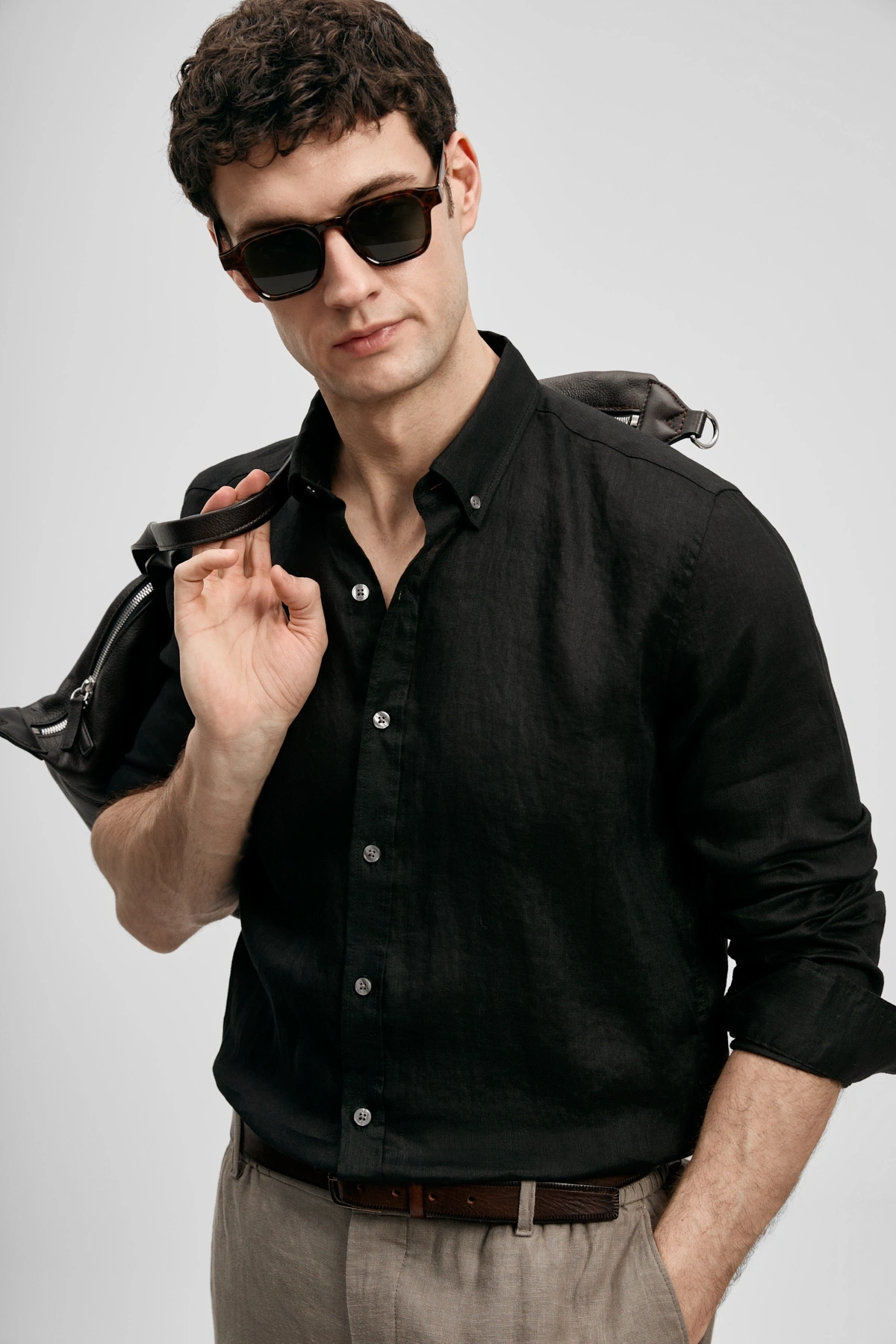 Lufian Pitaya Erkek Keten Gömlek Comfort Fit Siyah