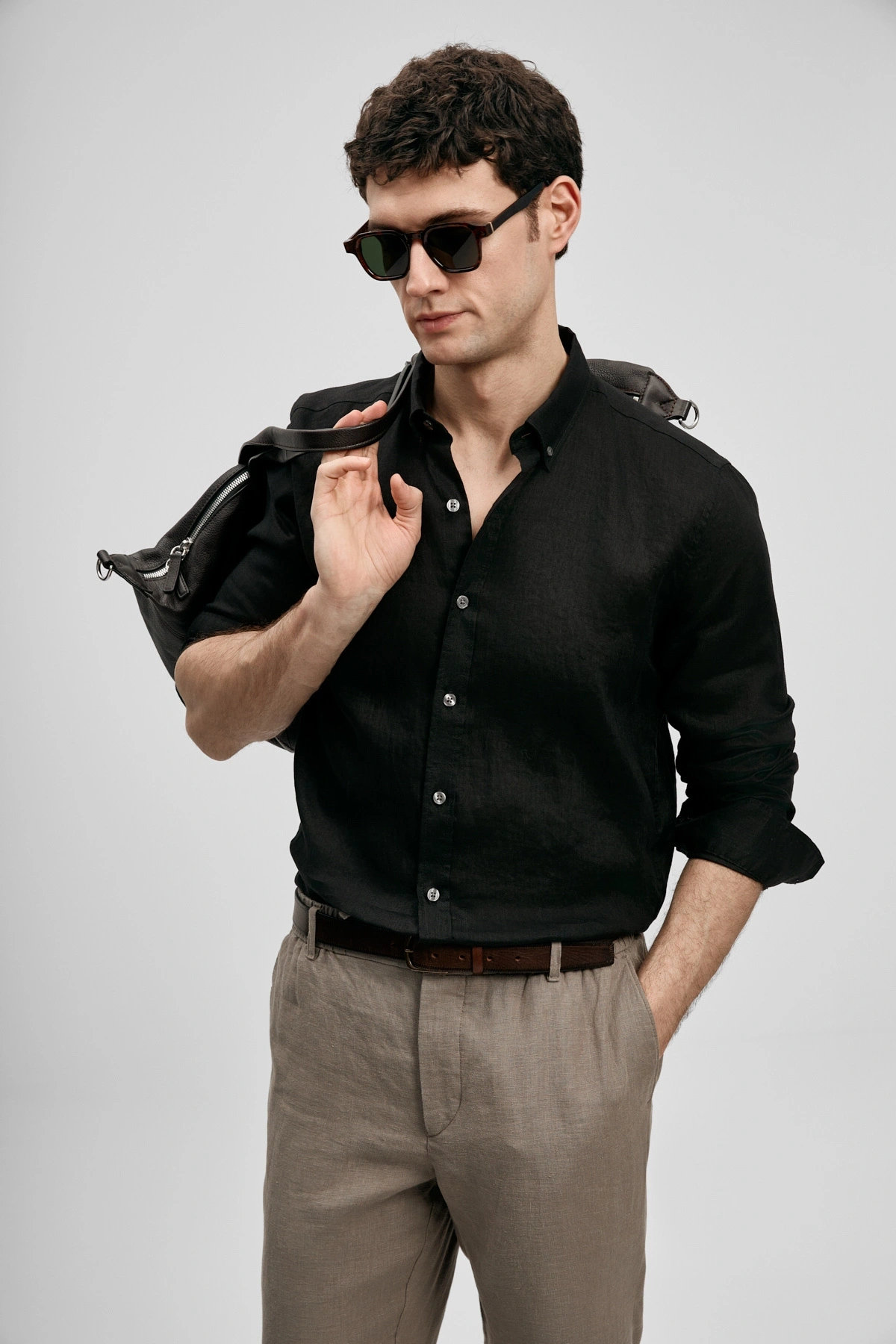 Lufian Pitaya Erkek Keten Gömlek Comfort Fit Siyah