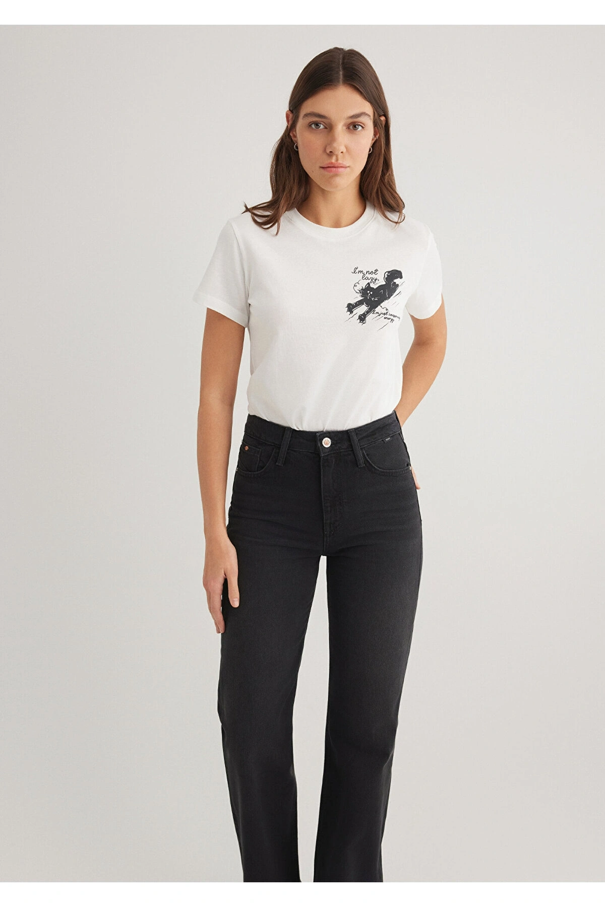 Mavi Kedi Baskılı Beyaz Tişört Semi Slim Fit / Yarı Dar Kesim