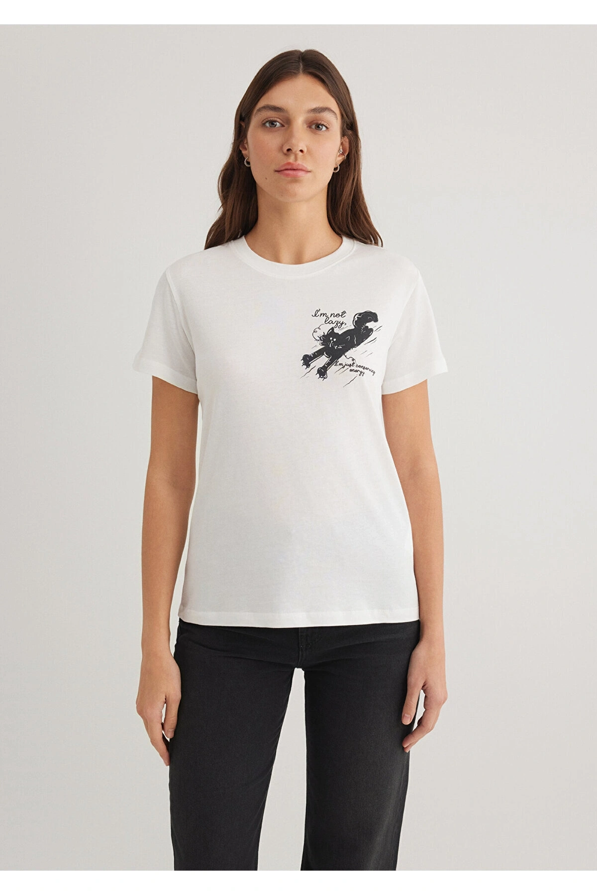 Mavi Kedi Baskılı Beyaz Tişört Semi Slim Fit / Yarı Dar Kesim