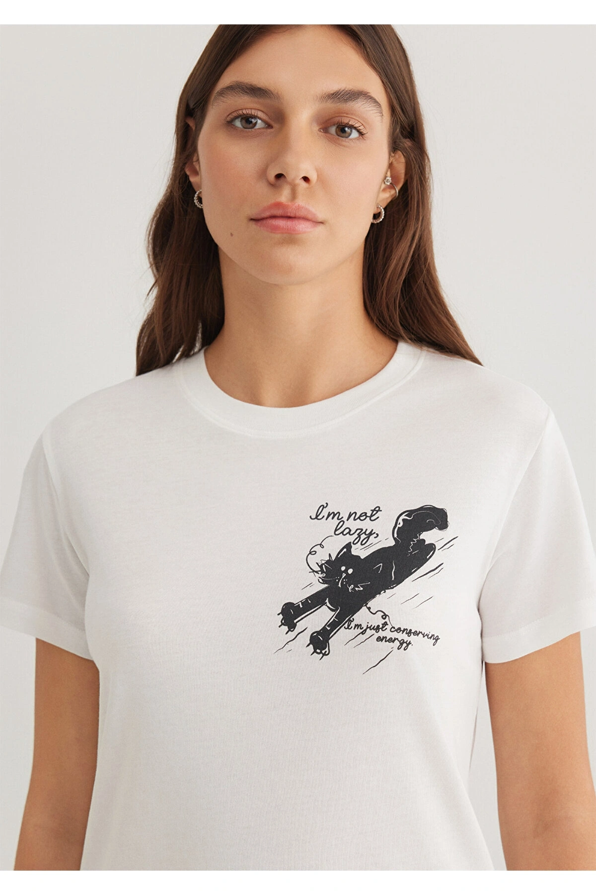 Mavi Kedi Baskılı Beyaz Tişört Semi Slim Fit / Yarı Dar Kesim