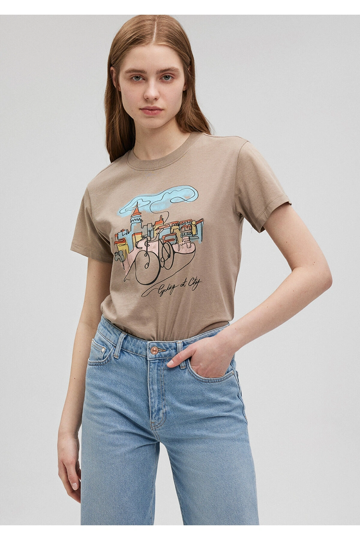 Mavi Bisiklet Baskılı Kahverengi Tişört Slim Fit / Dar Kesim